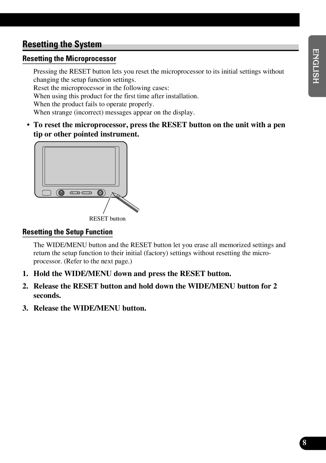 Pioneer AVD-W6200 owner manual Resetting the System, Resetting the Microprocessor, Resetting the Setup Function 