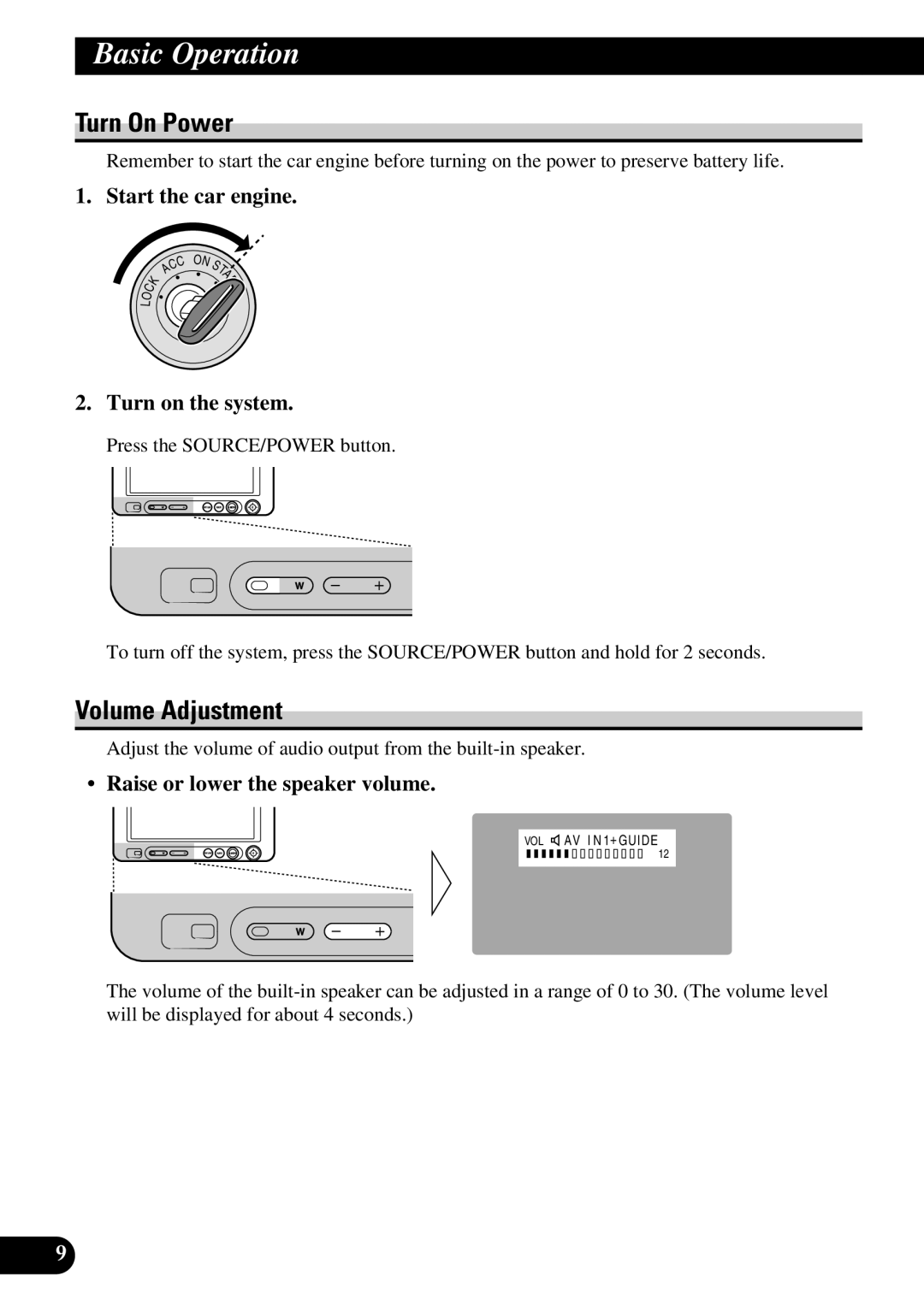 Pioneer AVD-W6210 owner manual Basic Operation, Turn On Power, Volume Adjustment 