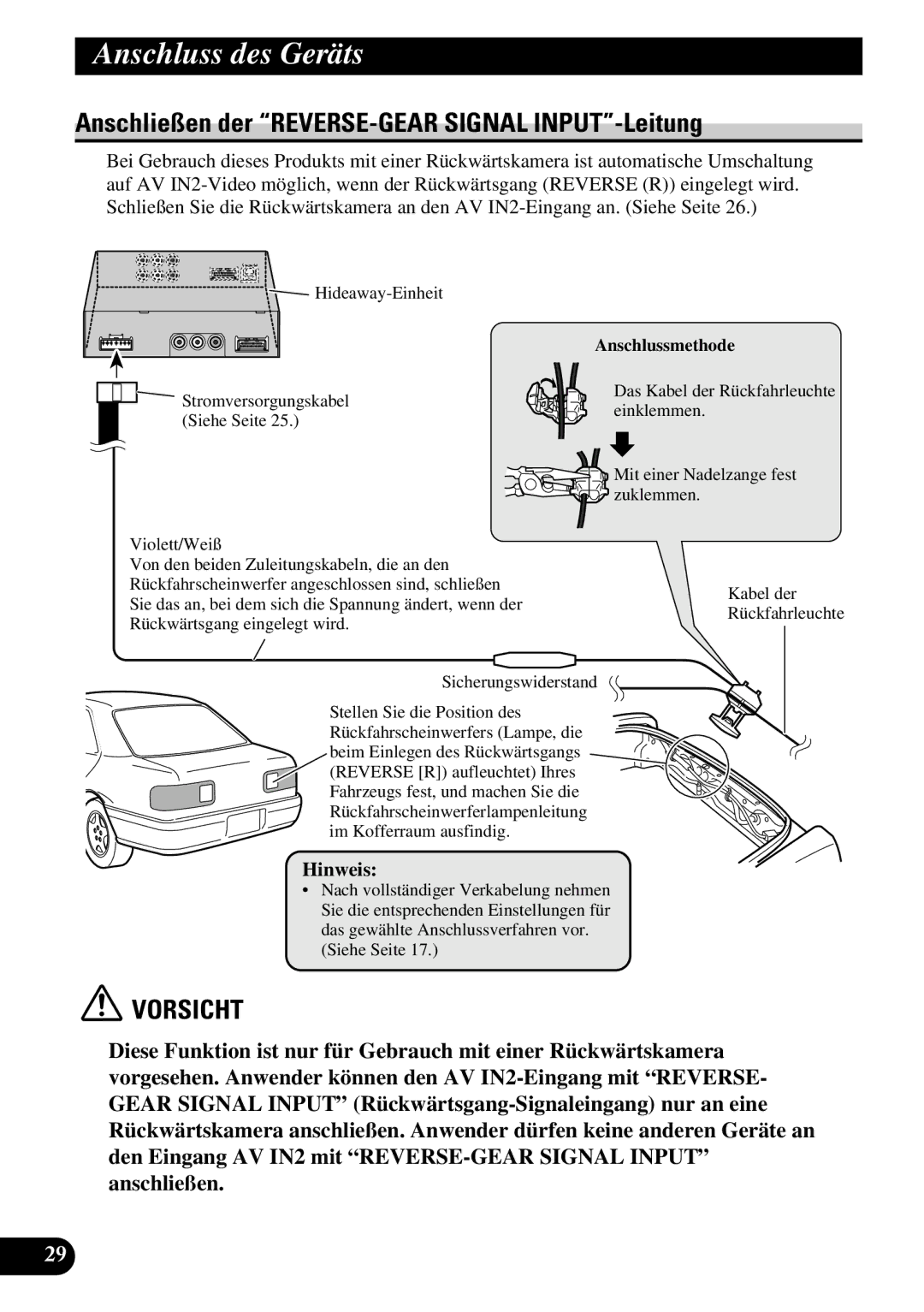 Pioneer AVD-W6210 owner manual Anschließen der REVERSE-GEAR Signal INPUT-Leitung 