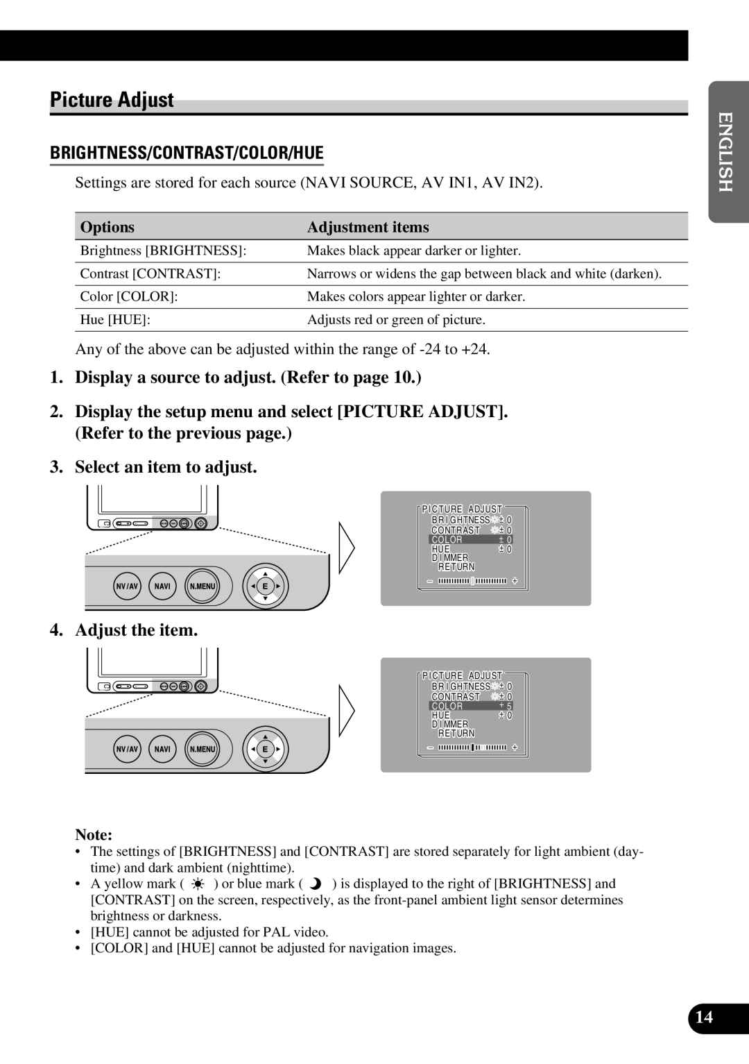 Pioneer AVD-W6210 owner manual Picture Adjust, Adjust the item 