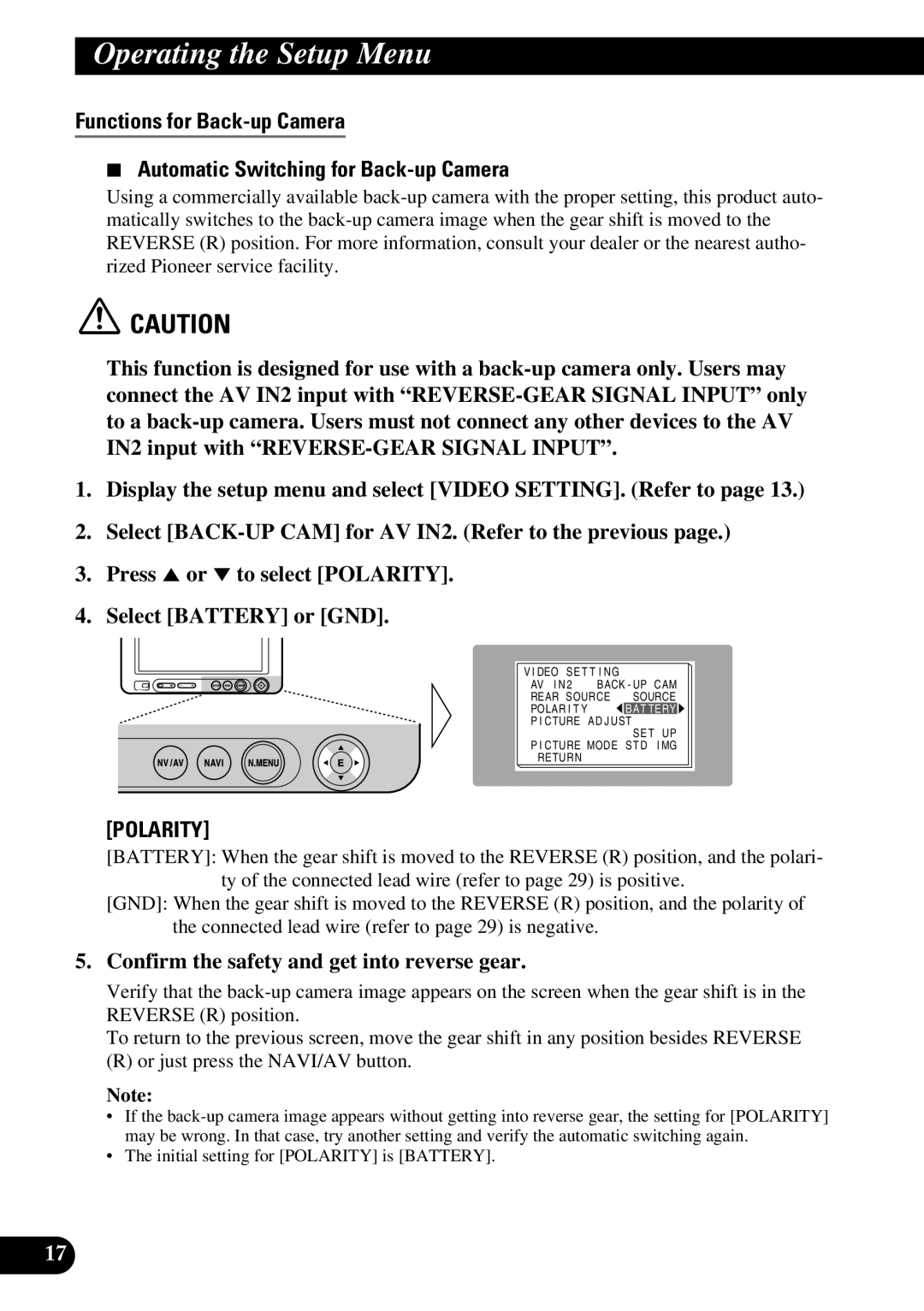 Pioneer AVD-W6210 owner manual Polarity, Confirm the safety and get into reverse gear 