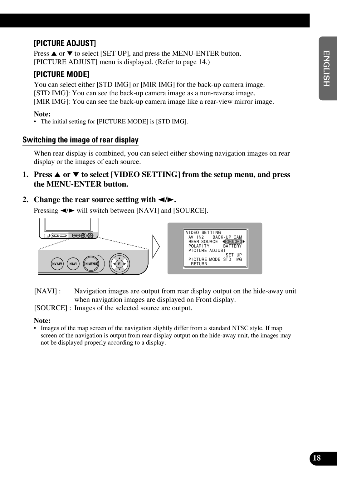 Pioneer AVD-W6210 owner manual Picture Adjust, Switching the image of rear display 