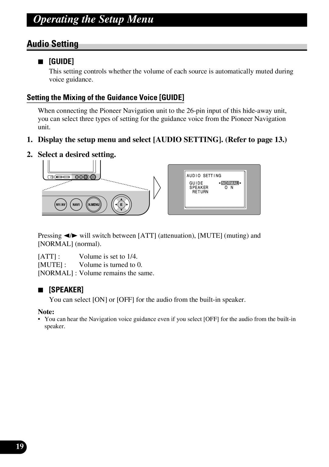 Pioneer AVD-W6210 owner manual Audio Setting, Setting the Mixing of the Guidance Voice Guide 