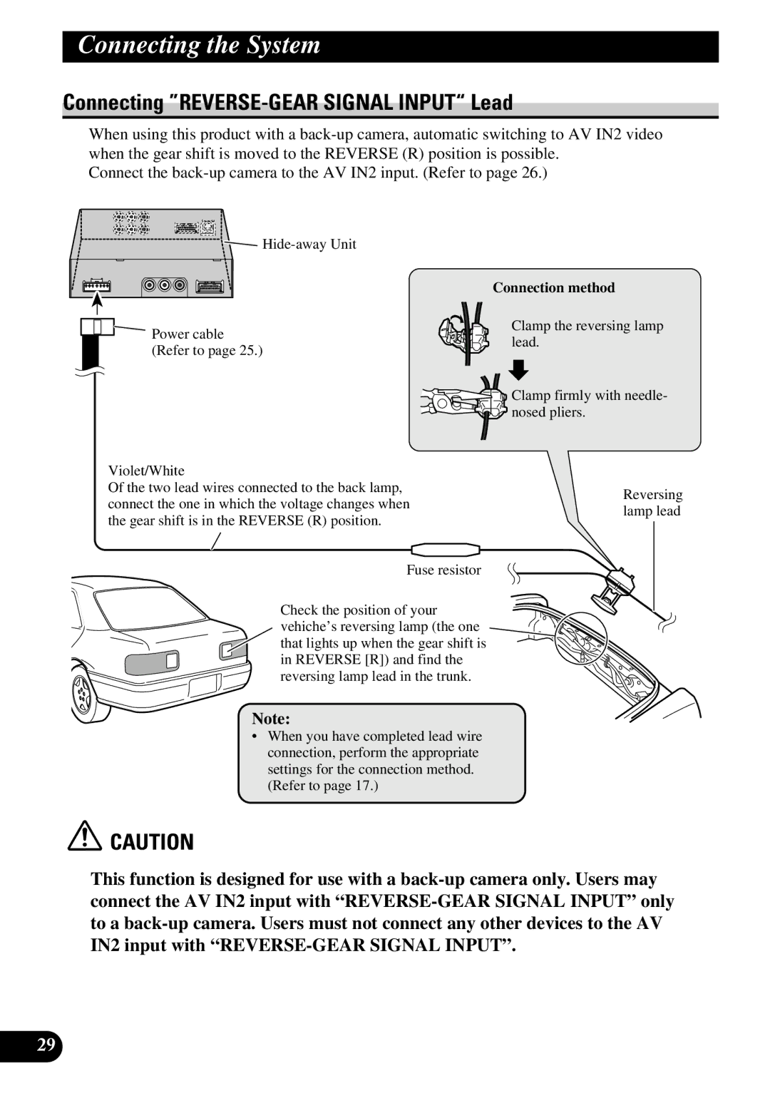 Pioneer AVD-W6210 owner manual Connecting REVERSE-GEAR Signal Input Lead, Connection method 