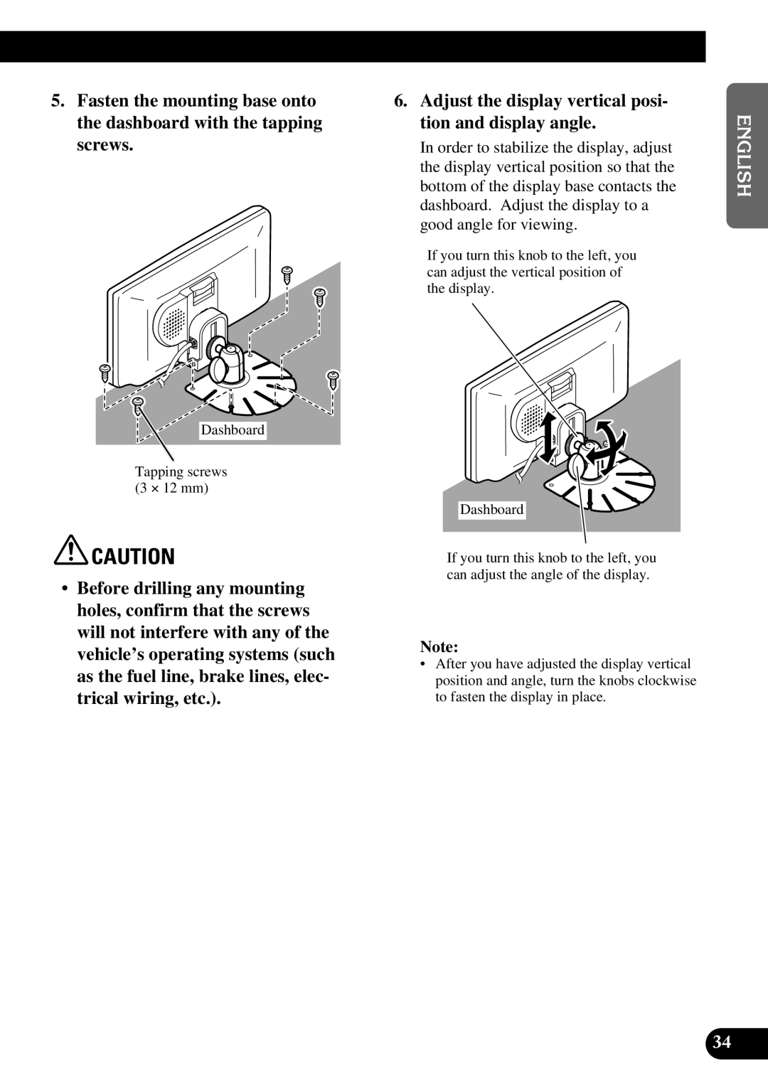 Pioneer AVD-W6210 owner manual Dashboard Tapping screws 3 ⋅ 12 mm 