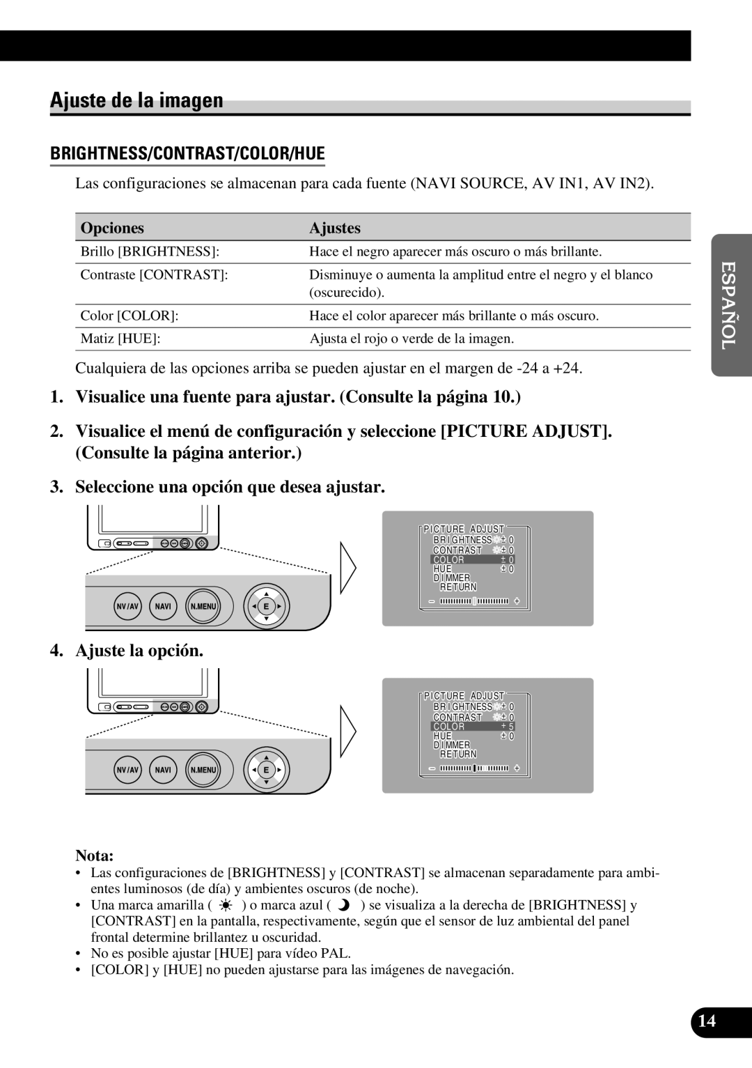 Pioneer AVD-W6210 owner manual Ajuste de la imagen, Ajuste la opción 