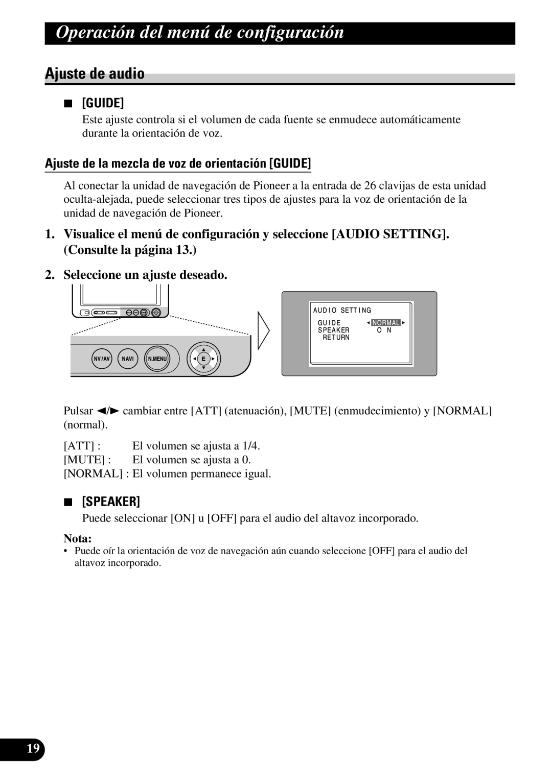 Pioneer AVD-W6210 owner manual Ajuste de audio, Ajuste de la mezcla de voz de orientación Guide 