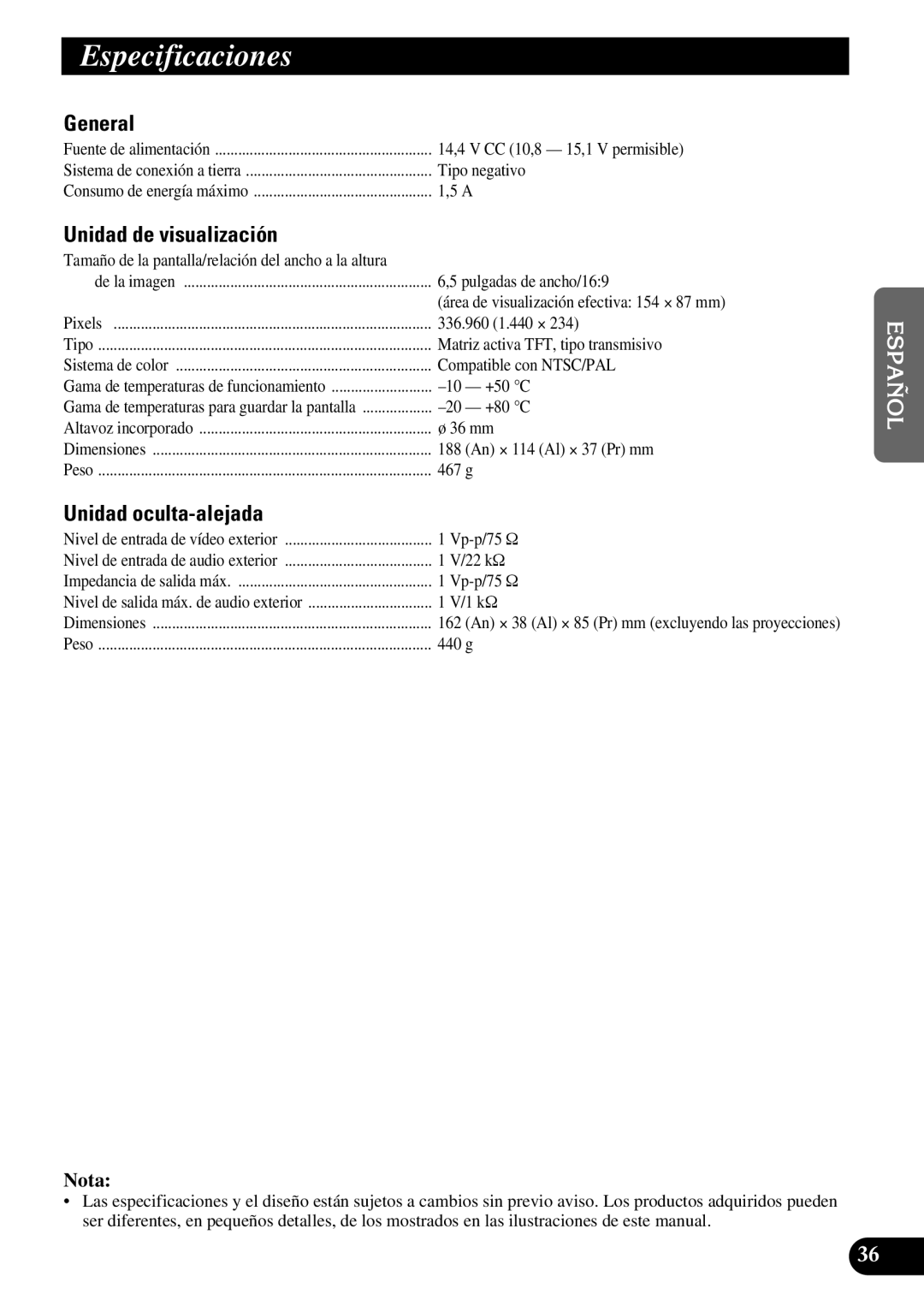 Pioneer AVD-W6210 owner manual Especificaciones, Unidad de visualización 