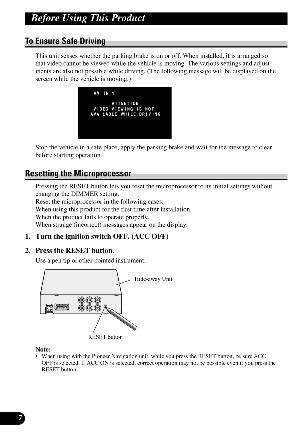 Pioneer AVD-W6210 owner manual To Ensure Safe Driving, Resetting the Microprocessor 