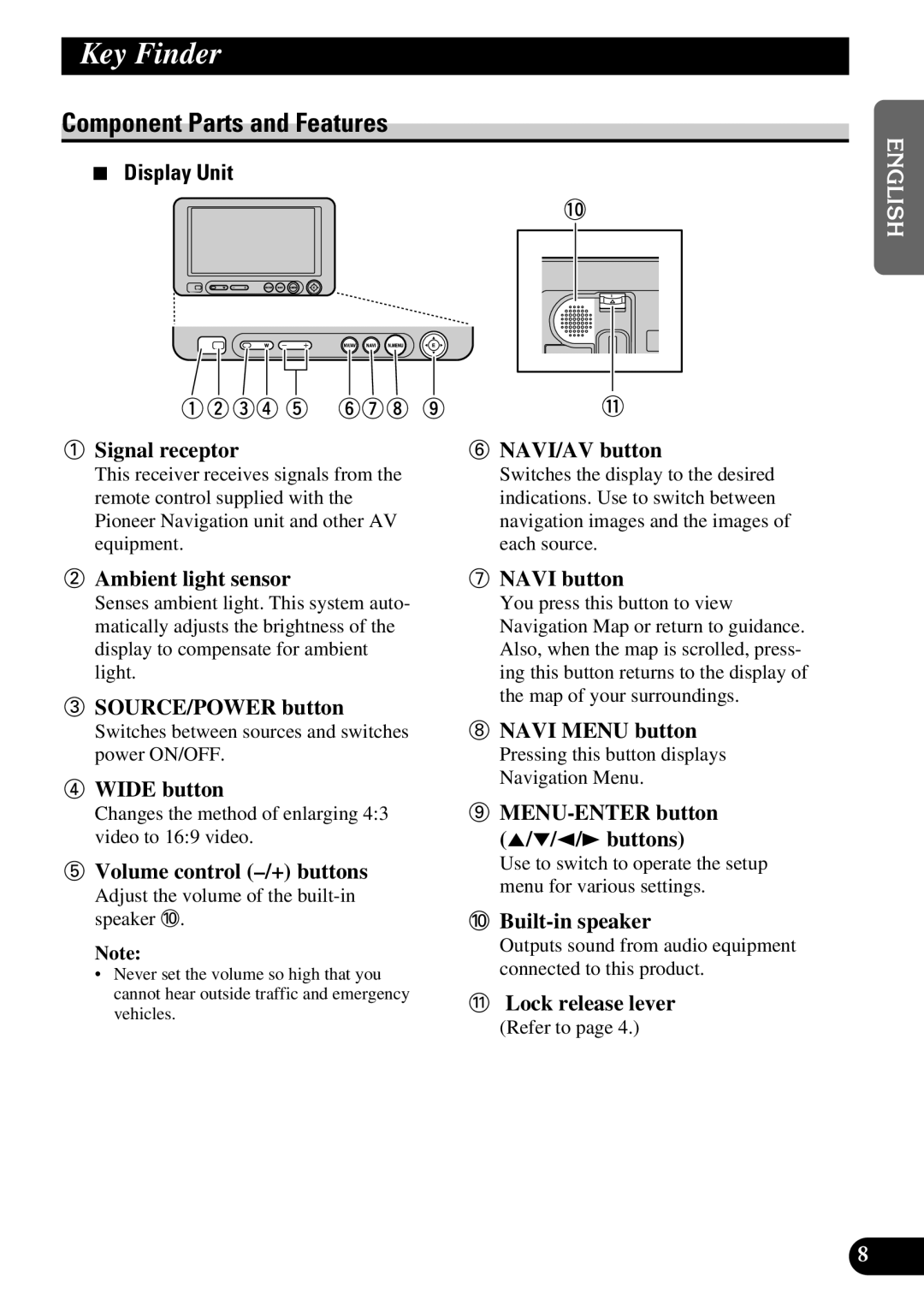 Pioneer AVD-W6210 owner manual Key Finder, Component Parts and Features, Display Unit 