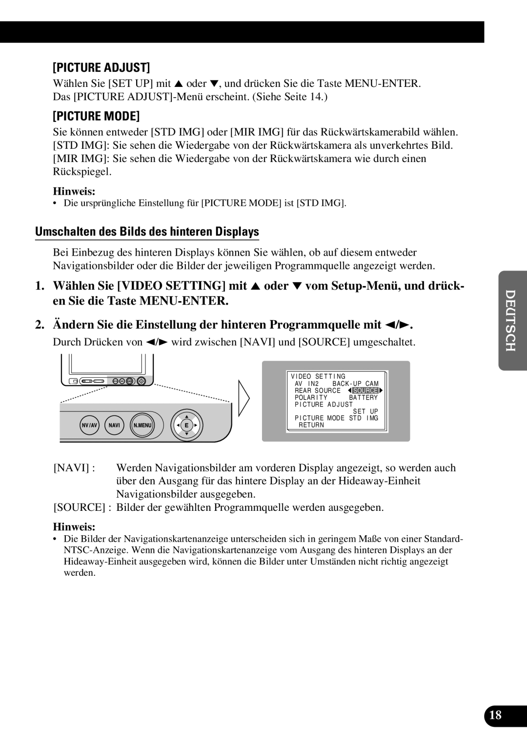 Pioneer AVD-W6210 owner manual Umschalten des Bilds des hinteren Displays 