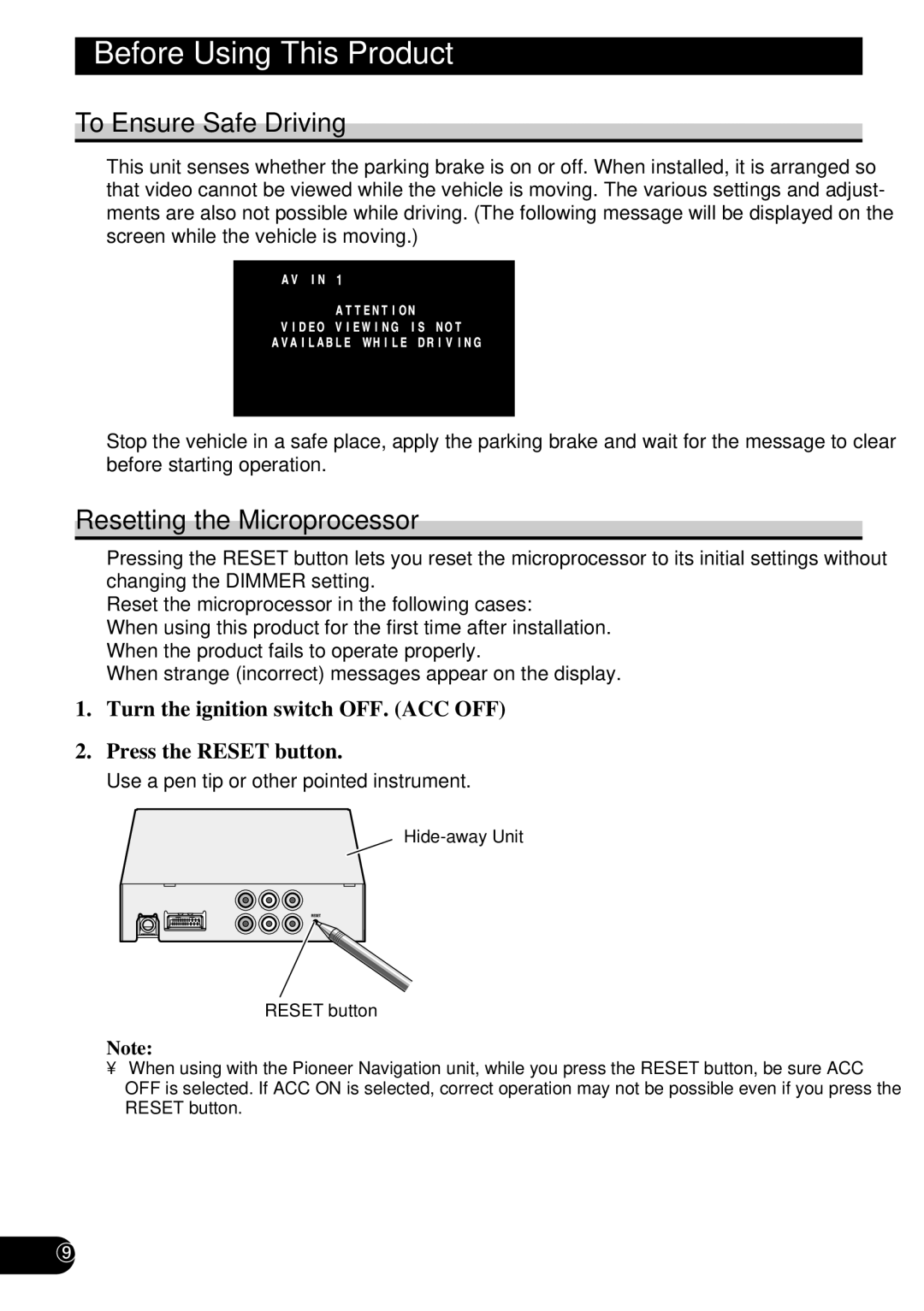 Pioneer AVD-W6210 owner manual To Ensure Safe Driving, Resetting the Microprocessor 