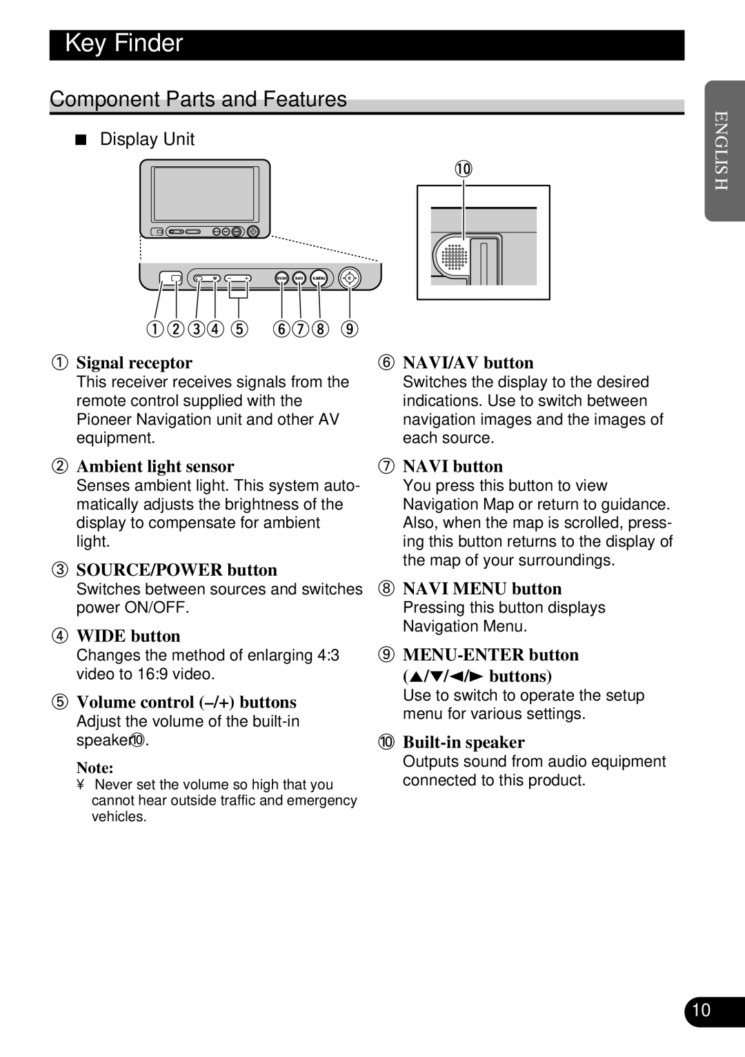 Pioneer AVD-W6210 owner manual Key Finder, Component Parts and Features, Display Unit 