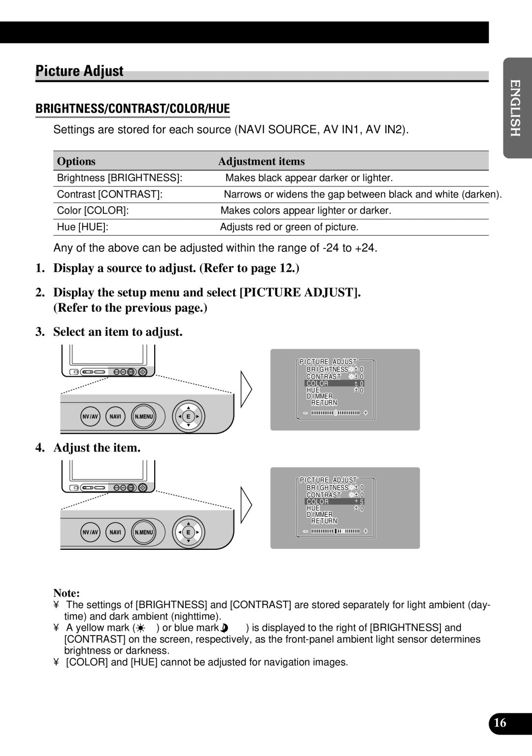 Pioneer AVD-W6210 owner manual Picture Adjust, Adjust the item 