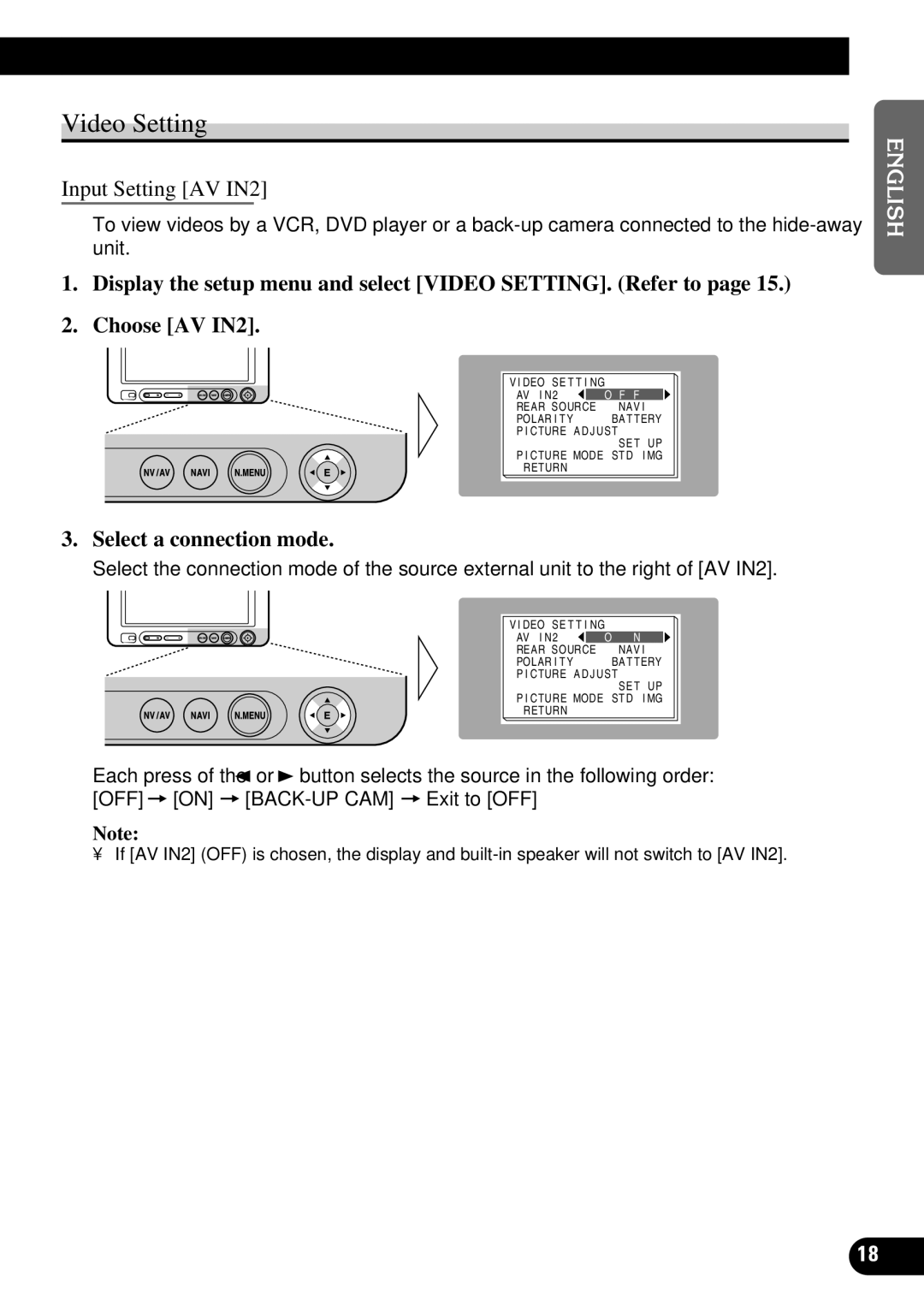 Pioneer AVD-W6210 owner manual Video Setting, Input Setting AV IN2, Select a connection mode 