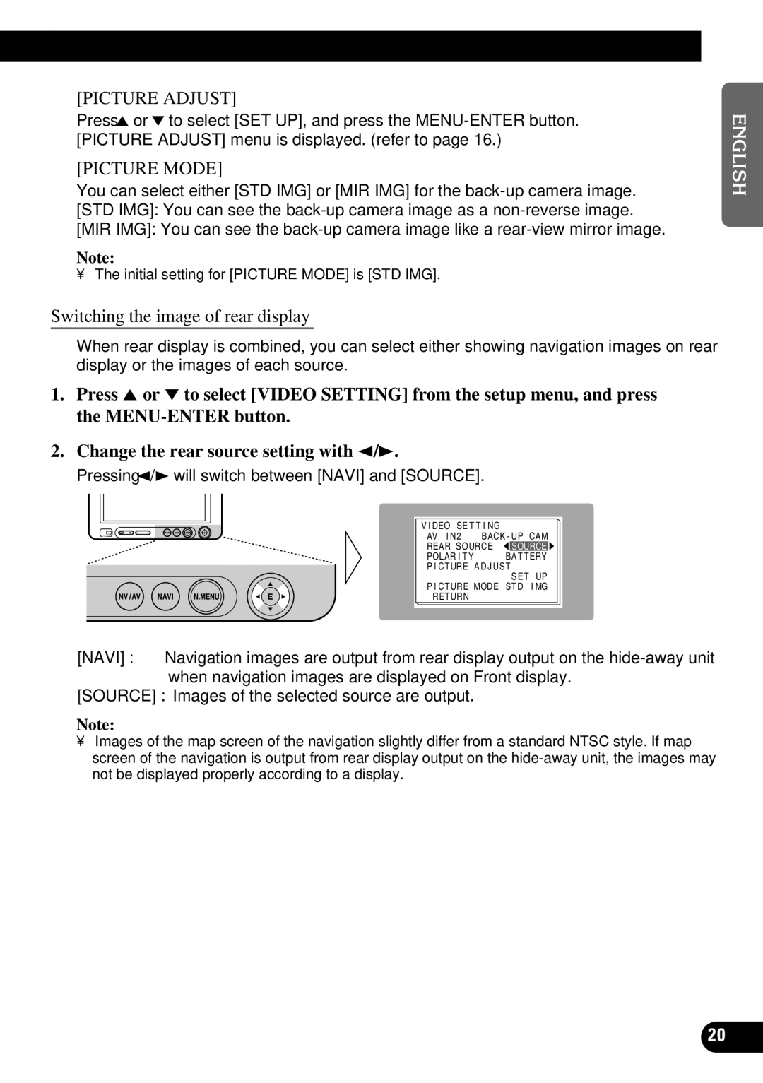 Pioneer AVD-W6210 owner manual Picture Adjust, Switching the image of rear display 