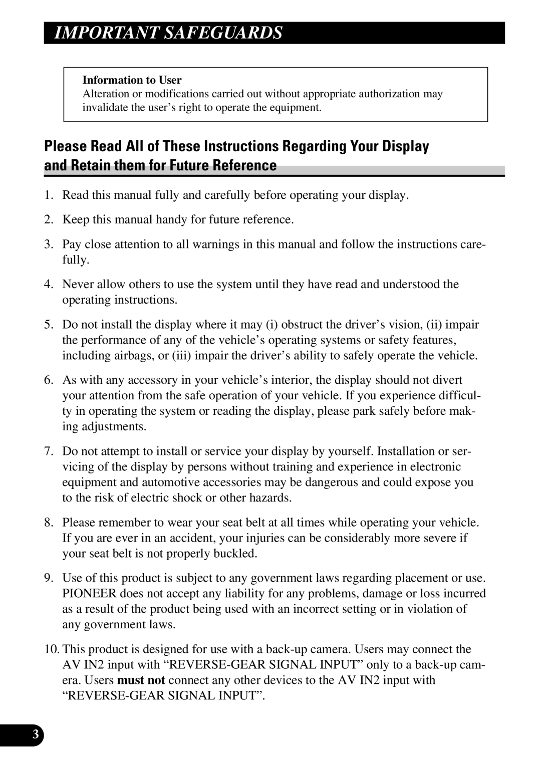 Pioneer AVD-W6210 owner manual Important Safeguards 