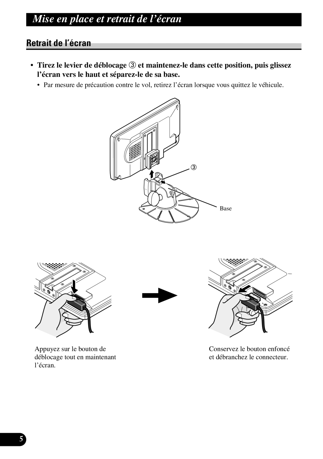 Pioneer AVD-W6210 owner manual Retrait de l’écran 