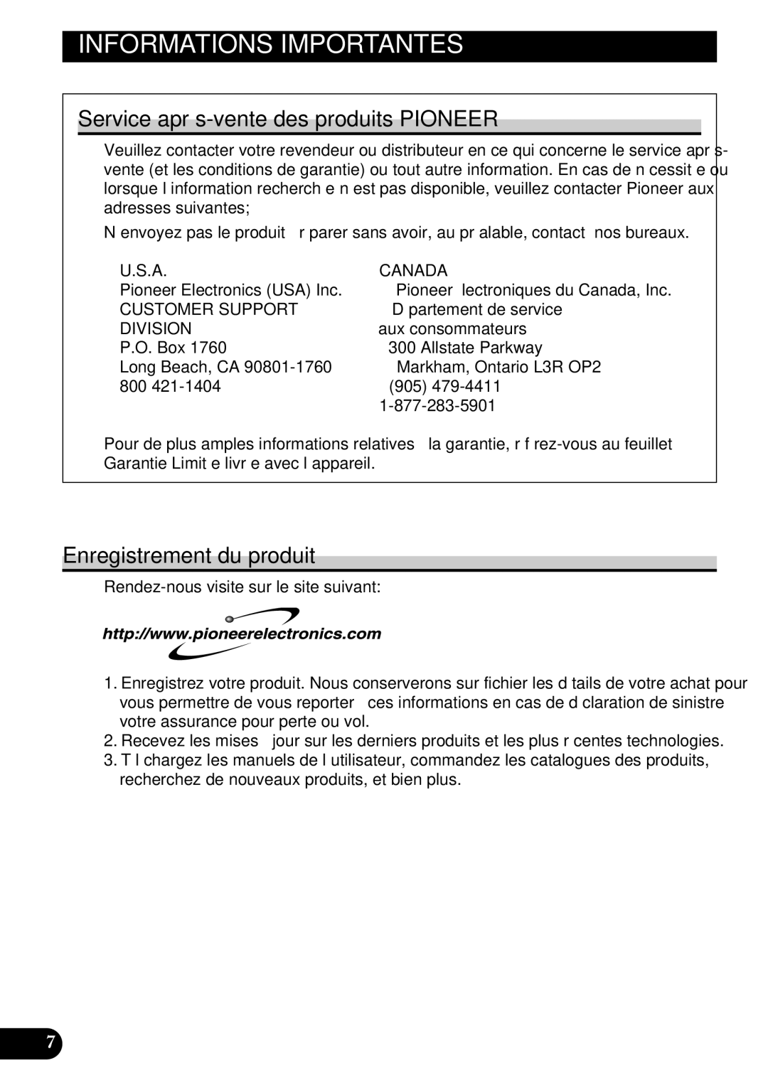 Pioneer AVD-W6210 owner manual Service après-vente des produits Pioneer, Enregistrement du produit 