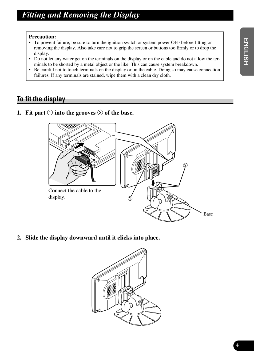 Pioneer AVD-W6210 Fitting and Removing the Display, To fit the display, Fit part 1 into the grooves 2 of the base 