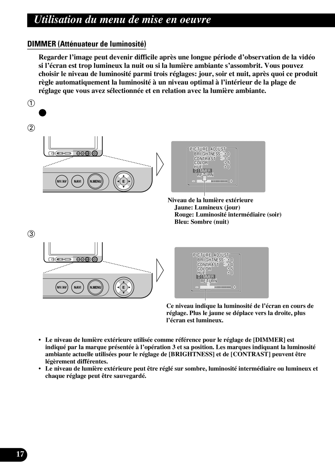 Pioneer AVD-W6210 owner manual Dimmer Atténuateur de luminosité, Réglez la luminosité 