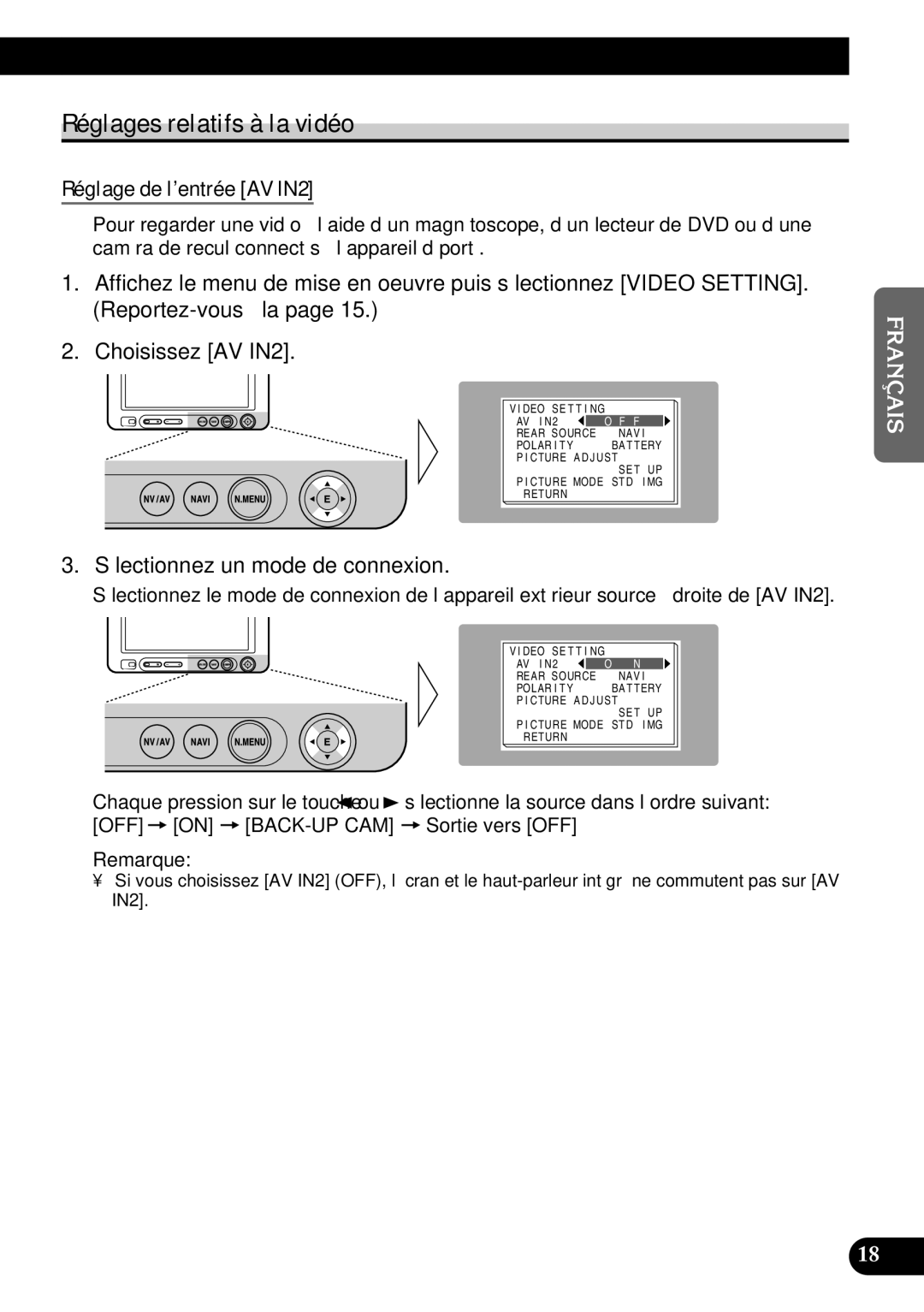 Pioneer AVD-W6210 owner manual Réglages relatifs à la vidéo, Réglage de l’entrée AV IN2, Sélectionnez un mode de connexion 