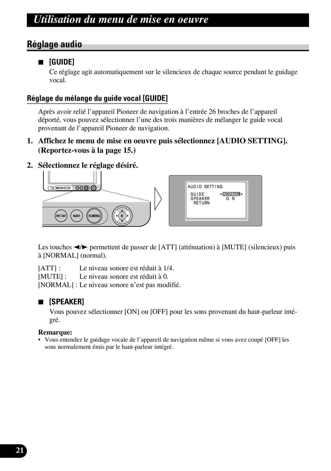 Pioneer AVD-W6210 owner manual Réglage audio, Réglage du mélange du guide vocal Guide 