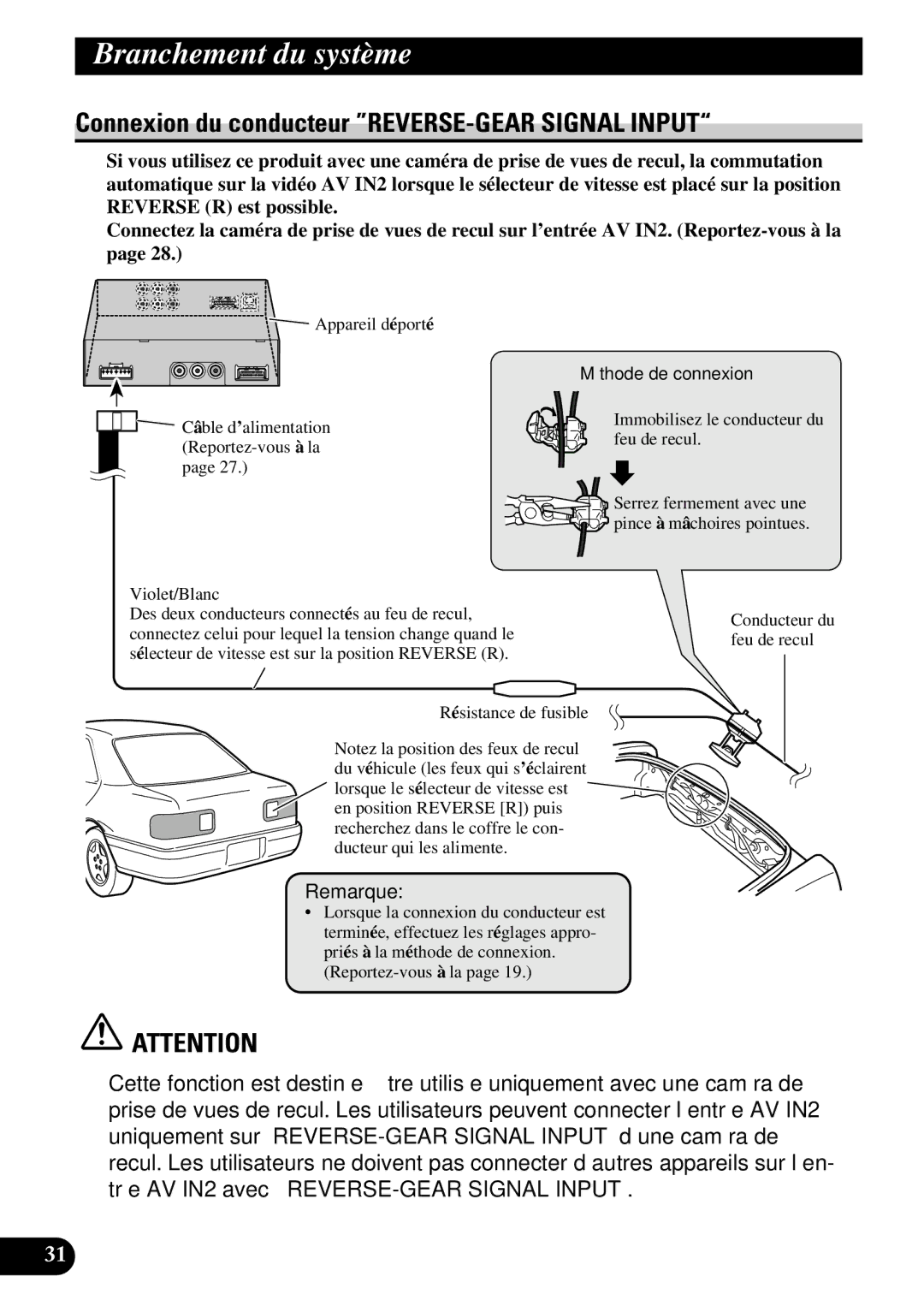 Pioneer AVD-W6210 owner manual Connexion du conducteur REVERSE-GEAR Signal Input, Violet/Blanc 