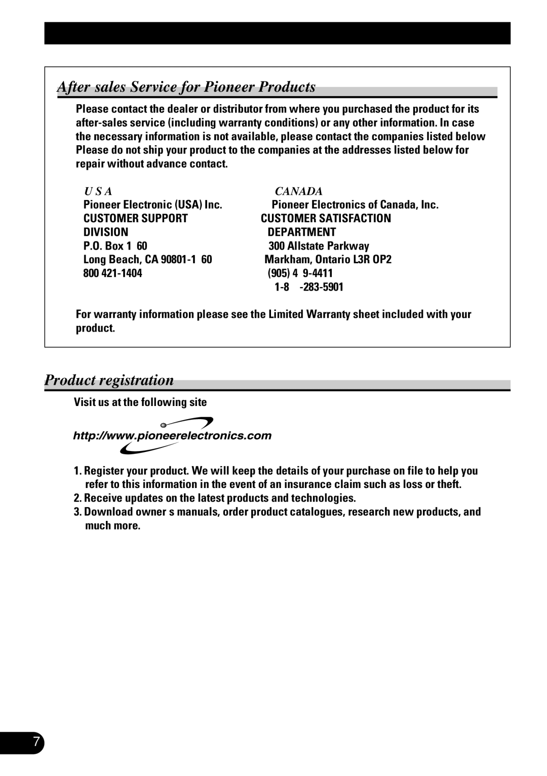 Pioneer AVD-W6210 owner manual After-sales Service for Pioneer Products, Product registration 