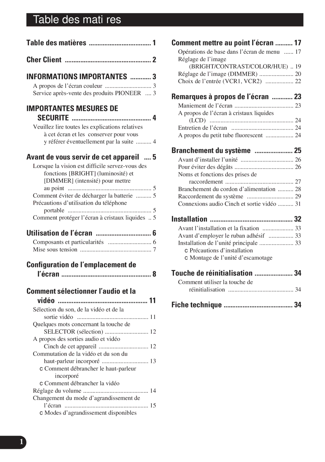 Pioneer AVD-W8000 owner manual Table des matières, Importantes Mesures DE 