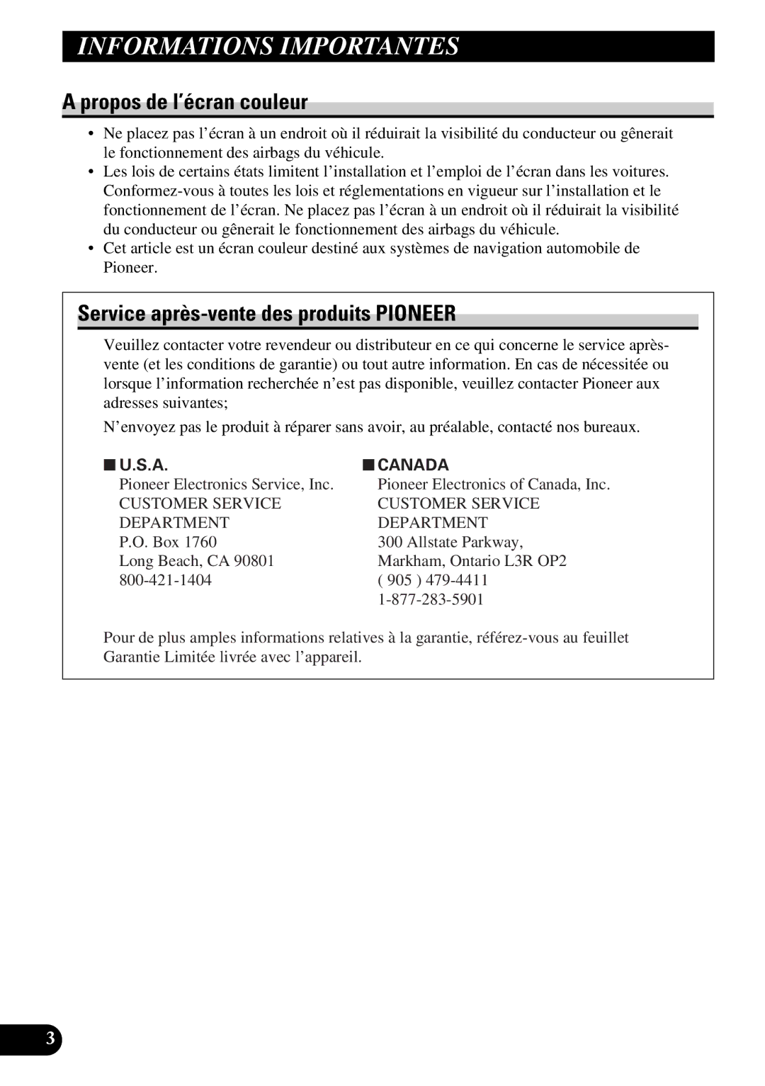 Pioneer AVD-W8000 owner manual Propos de l’écran couleur, Service après-vente des produits Pioneer 