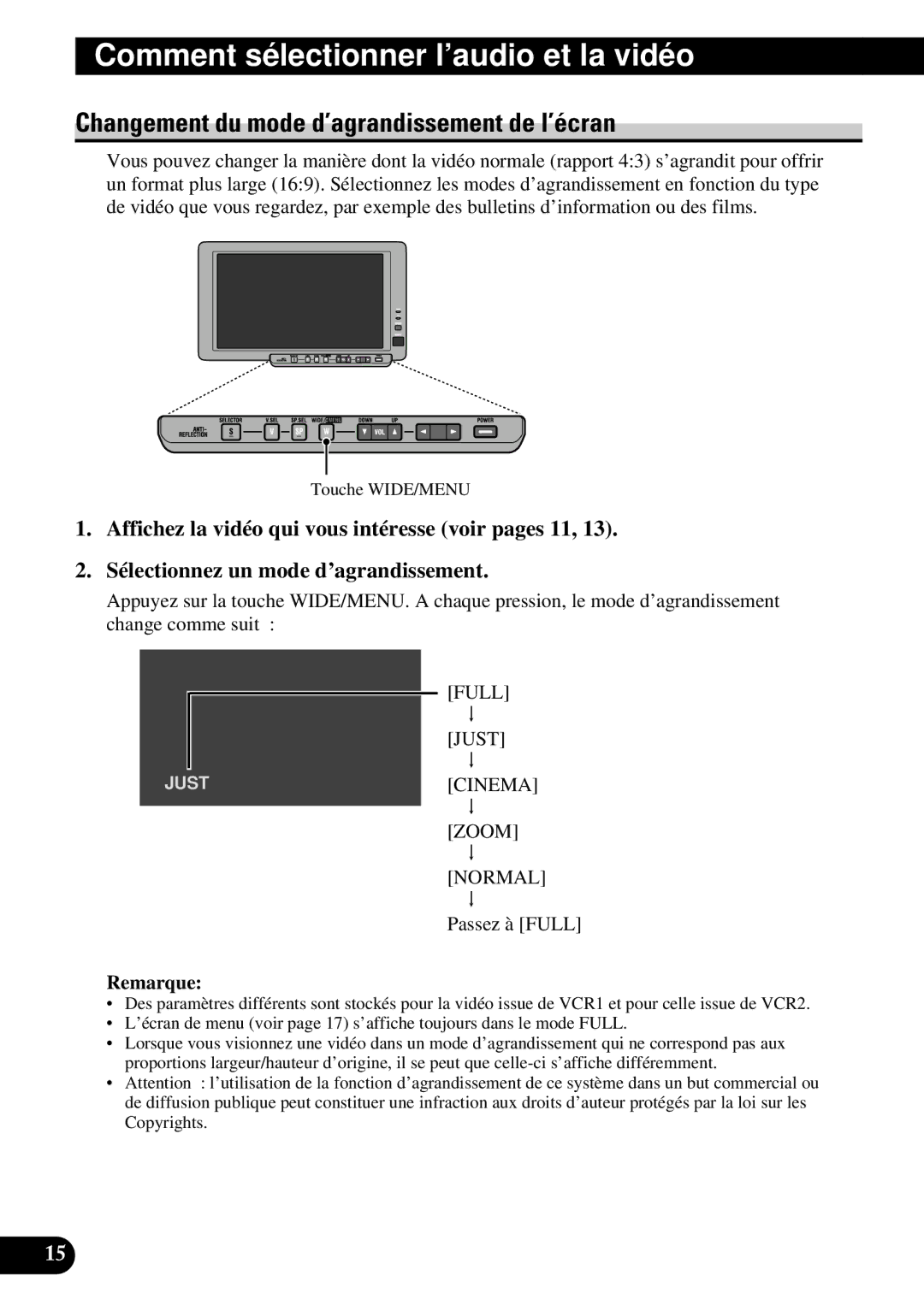 Pioneer AVD-W8000 owner manual Changement du mode d’agrandissement de l’écran 