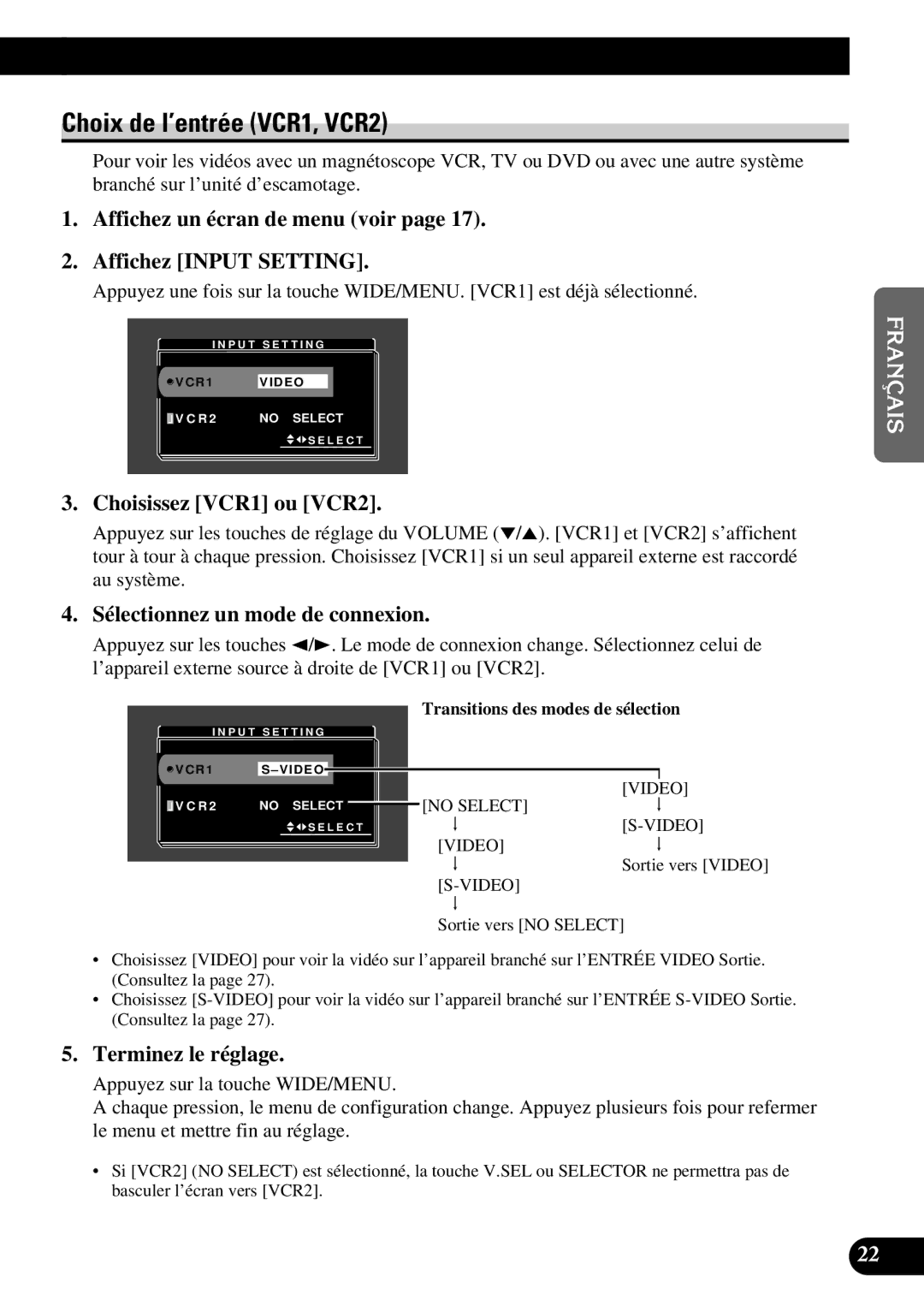 Pioneer AVD-W8000 owner manual Choix de l’entrée VCR1, VCR2, Affichez un écran de menu voir Affichez Input Setting 