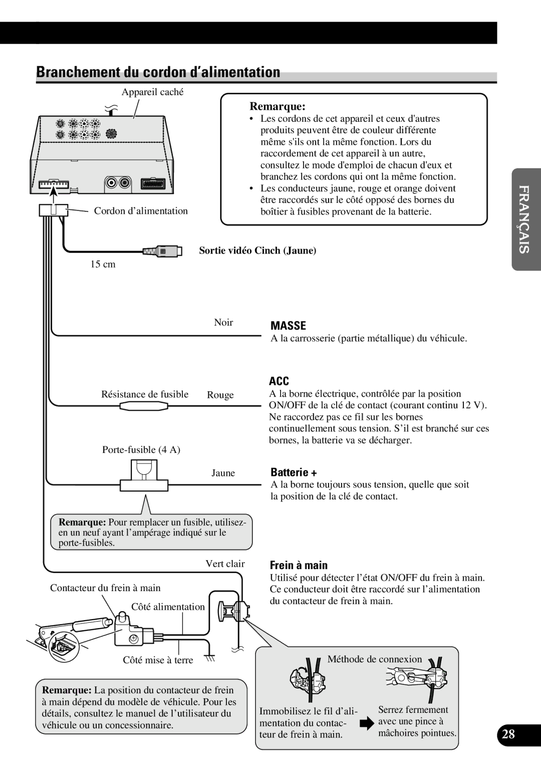 Pioneer AVD-W8000 owner manual Branchement du cordon d’alimentation, English Français 