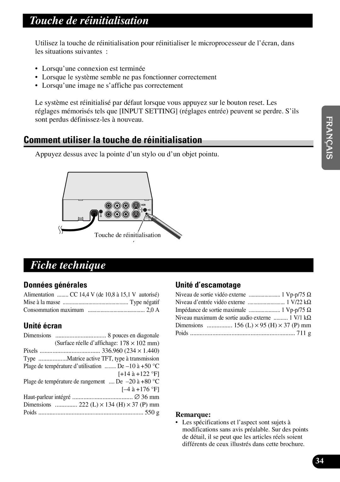 Pioneer AVD-W8000 owner manual Touche de réinitialisation, Fiche technique, Comment utiliser la touche de réinitialisation 