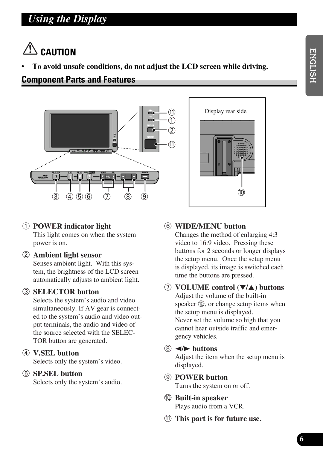 Pioneer AVD-W8000 owner manual Using the Display, Component Parts and Features 