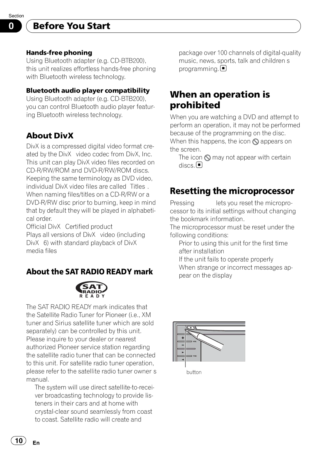 Pioneer AVH-P3100DVD manual When an operation is prohibited, Resetting the microprocessor, About DivX 