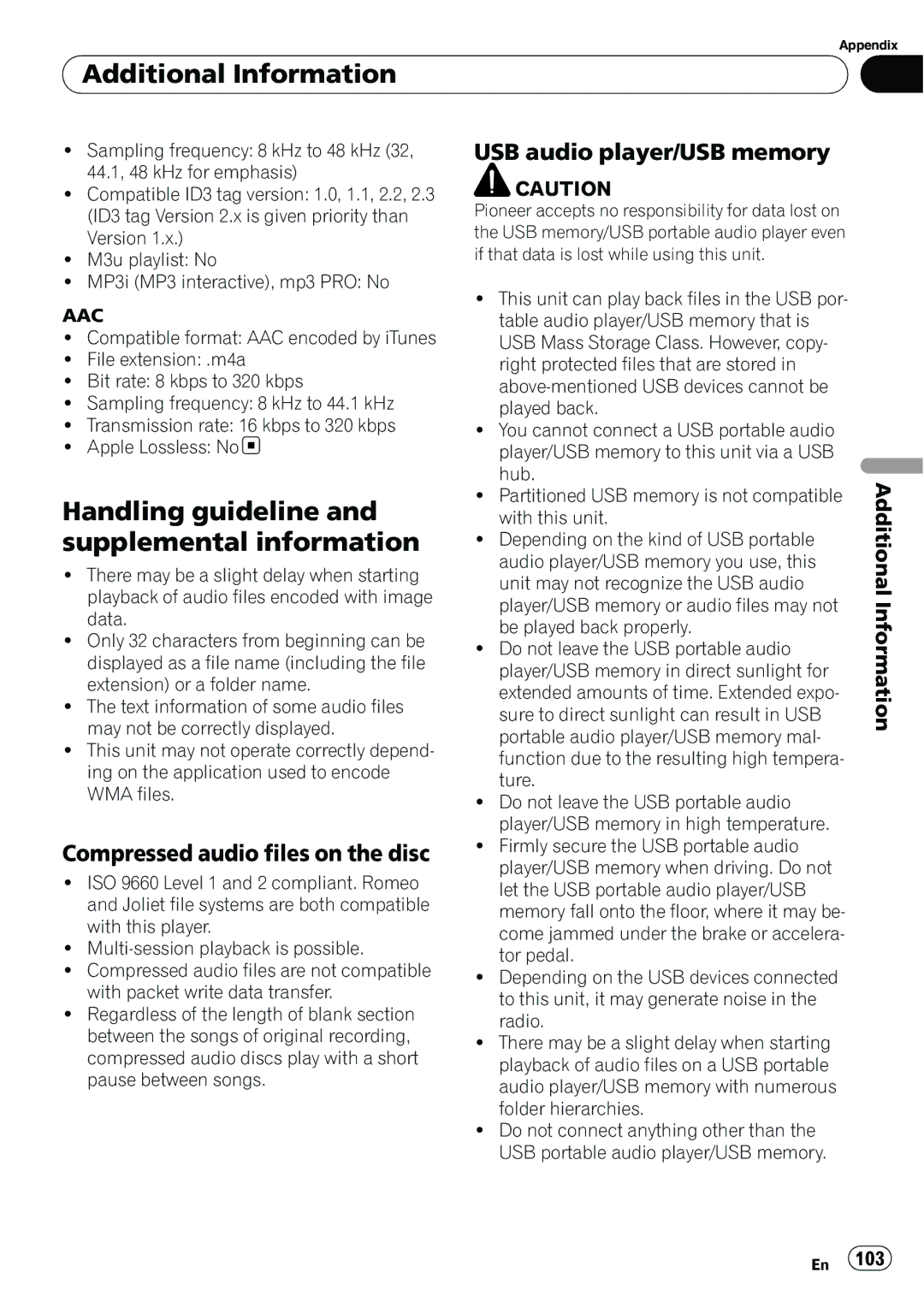 Pioneer AVH-P3100DVD manual Handling guideline and supplemental information, Compressed audio files on the disc, Aac 