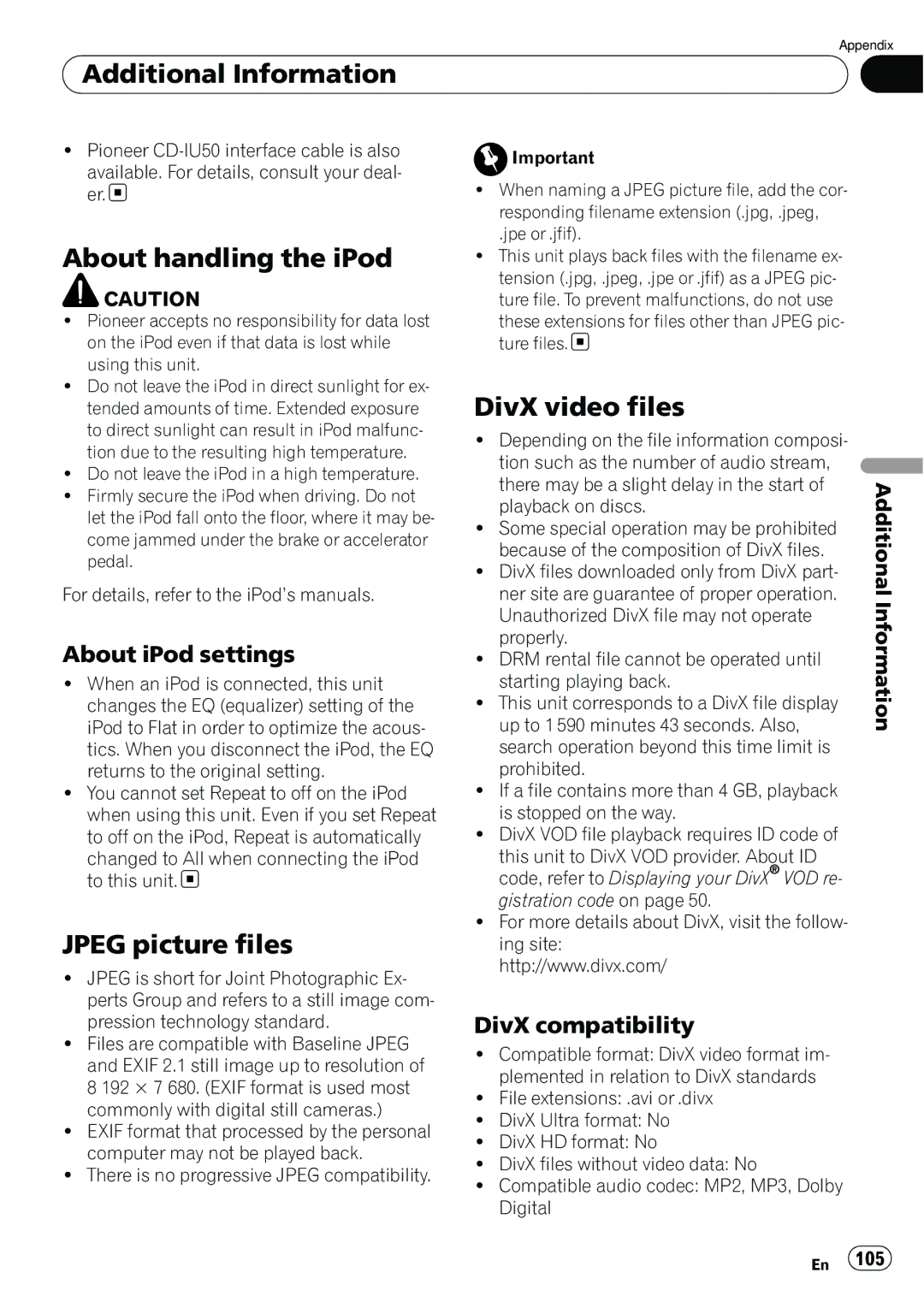 Pioneer AVH-P3100DVD manual About handling the iPod, Jpeg picture files, DivX video files, About iPod settings 