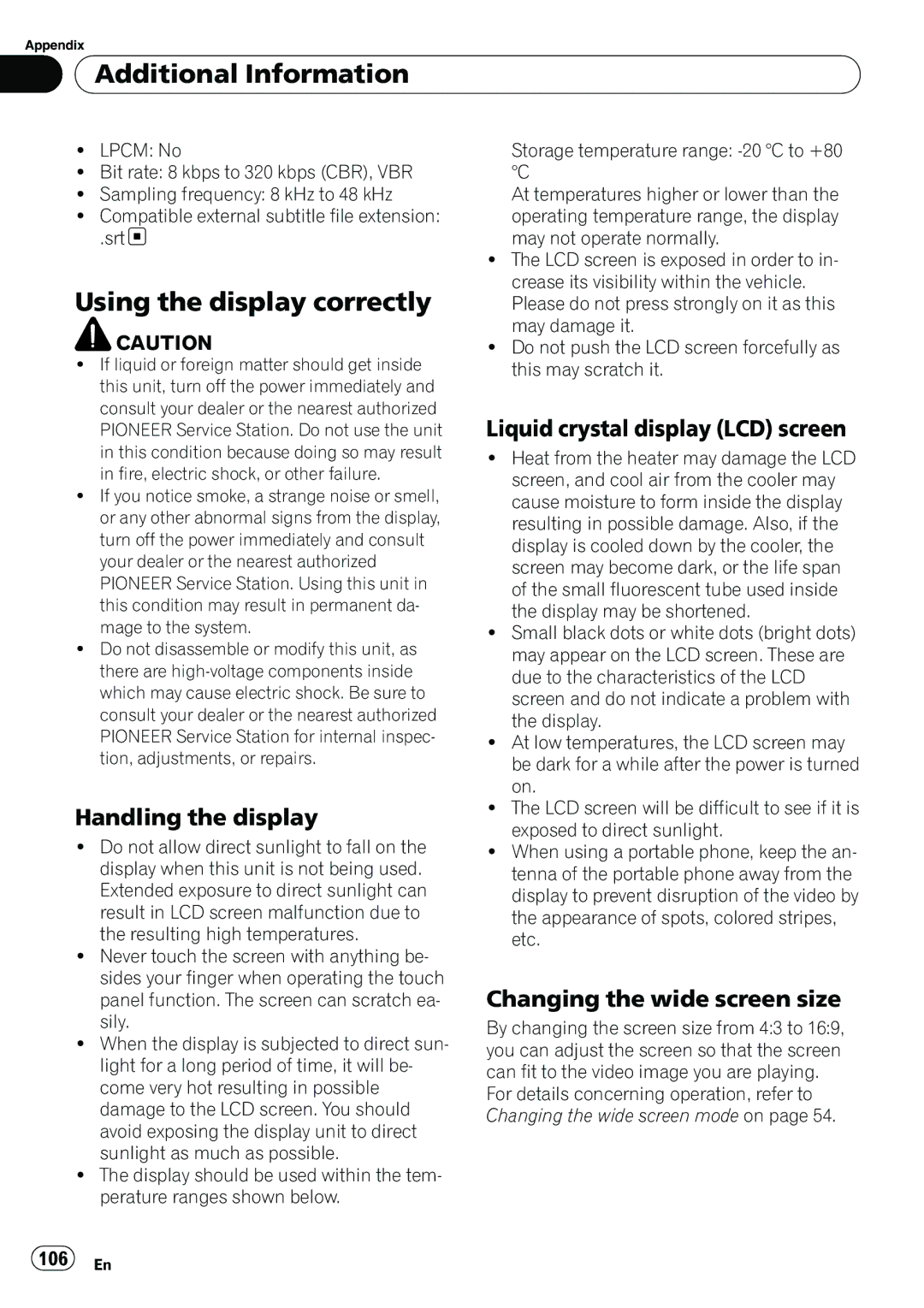 Pioneer AVH-P3100DVD manual Using the display correctly, Handling the display, Liquid crystal display LCD screen, 106 En 