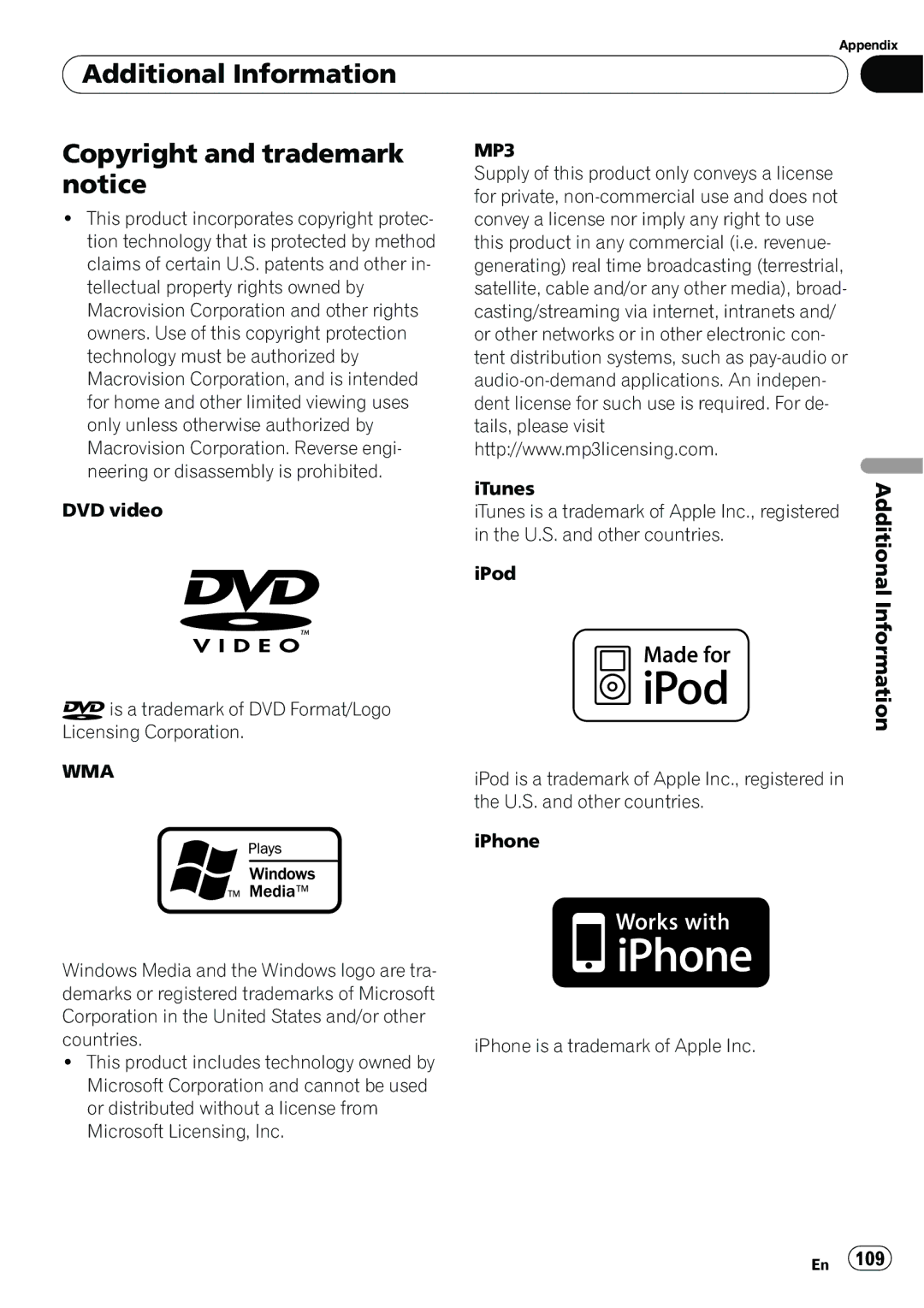 Pioneer AVH-P3100DVD manual Additional Information Copyright and trademark notice, Wma 