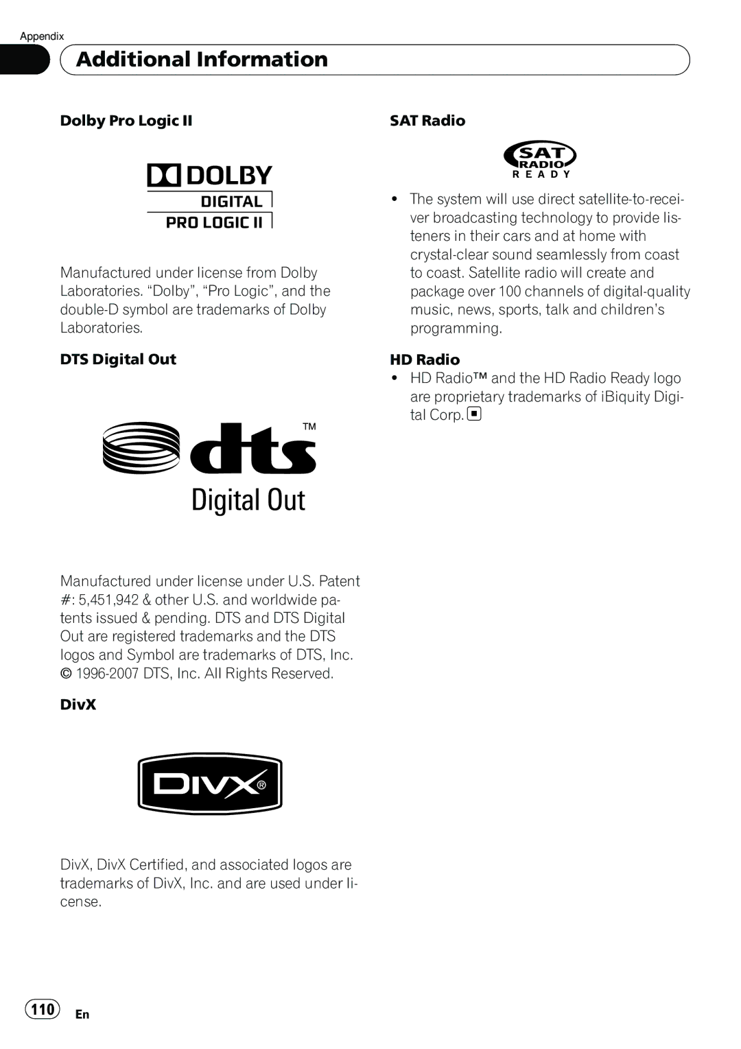 Pioneer AVH-P3100DVD manual Additional Information, 110 En 