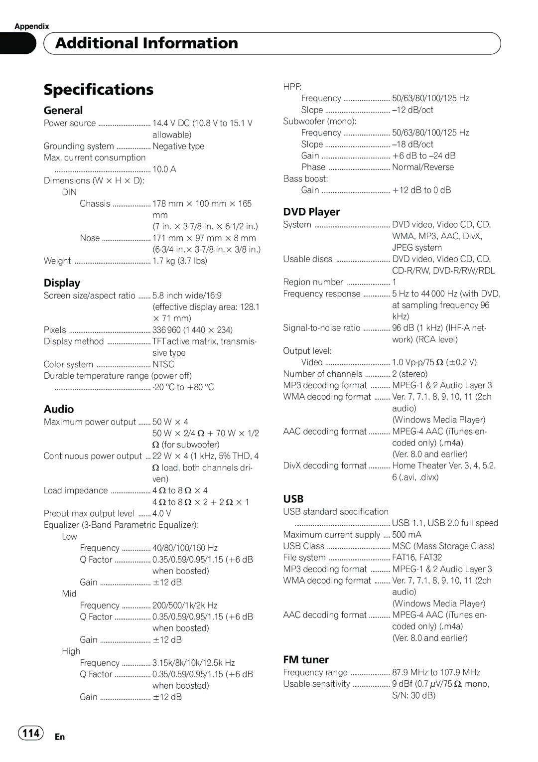 Pioneer AVH-P3100DVD manual Additional Information Specifications, 114 En, Usb 