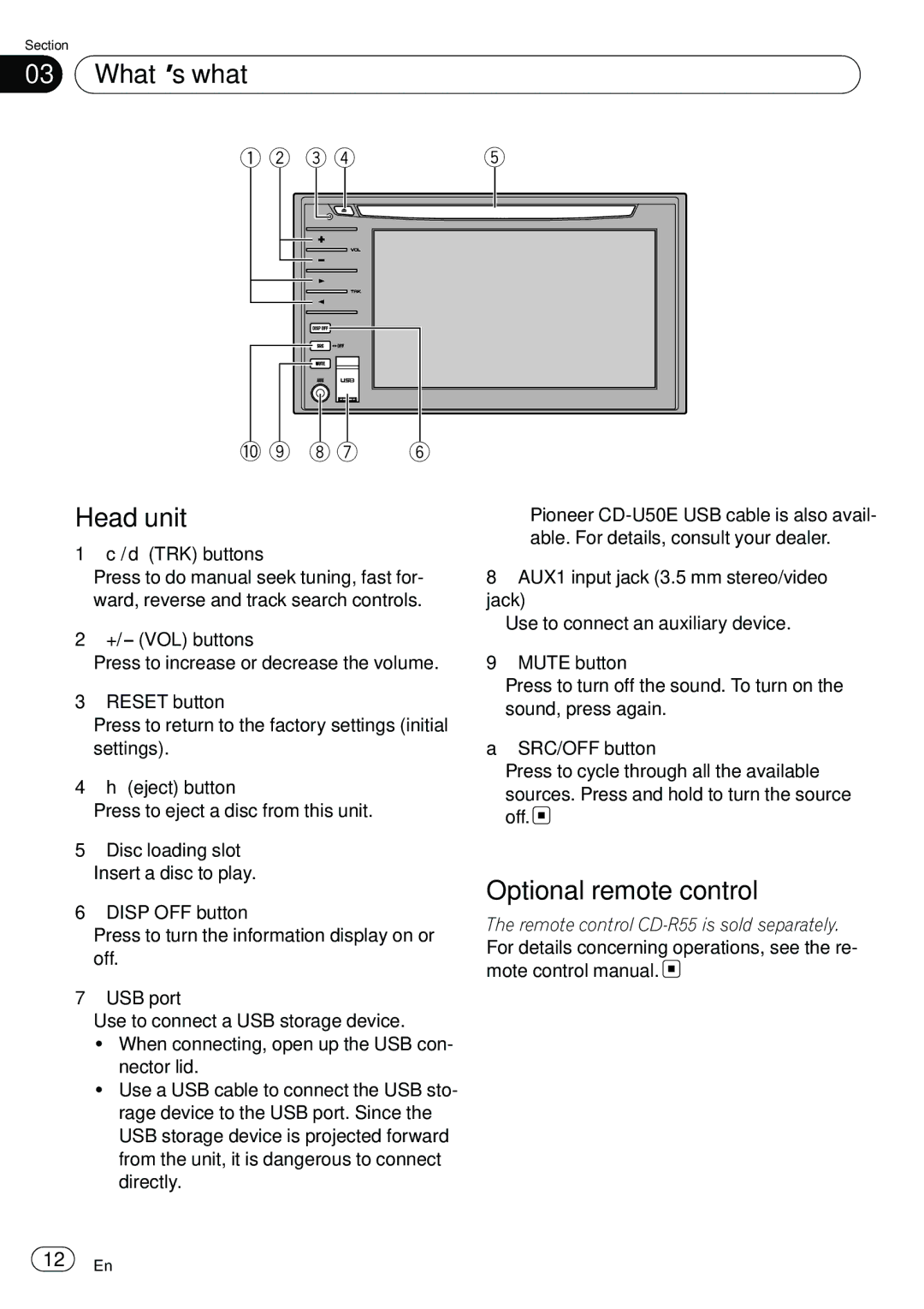 Pioneer AVH-P3100DVD manual What’s what, Head unit, Optional remote control 