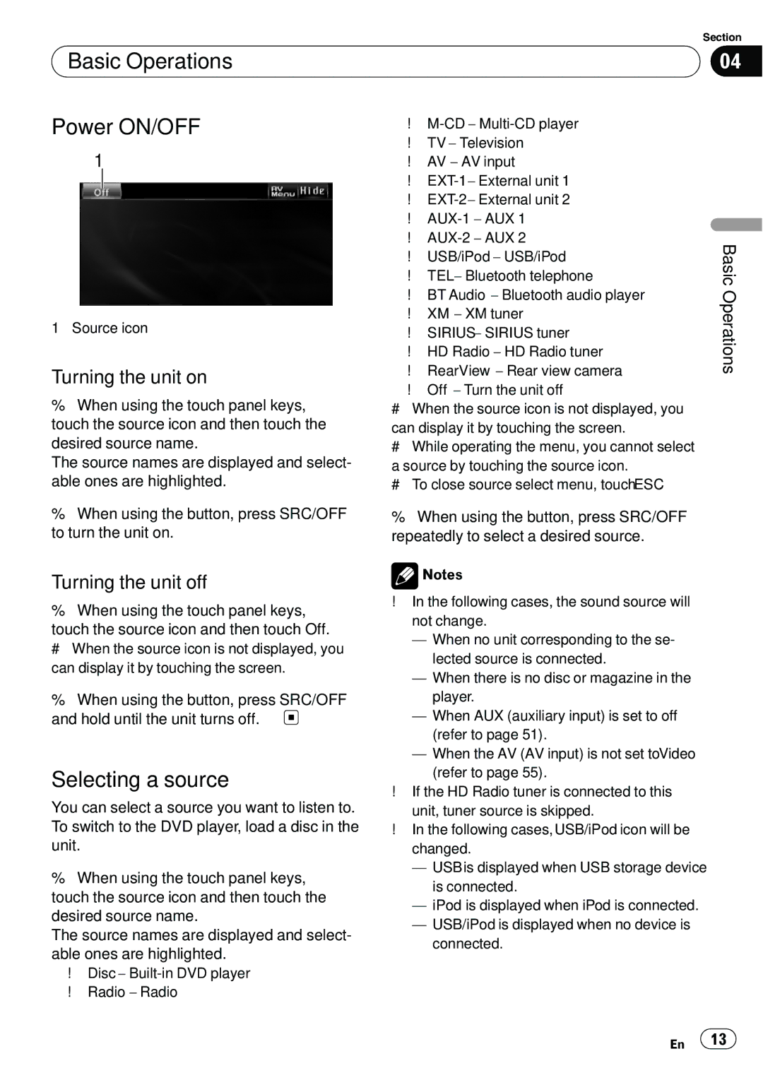 Pioneer AVH-P3100DVD manual Basic Operations Power ON/OFF, Selecting a source, Turning the unit on, Turning the unit off 