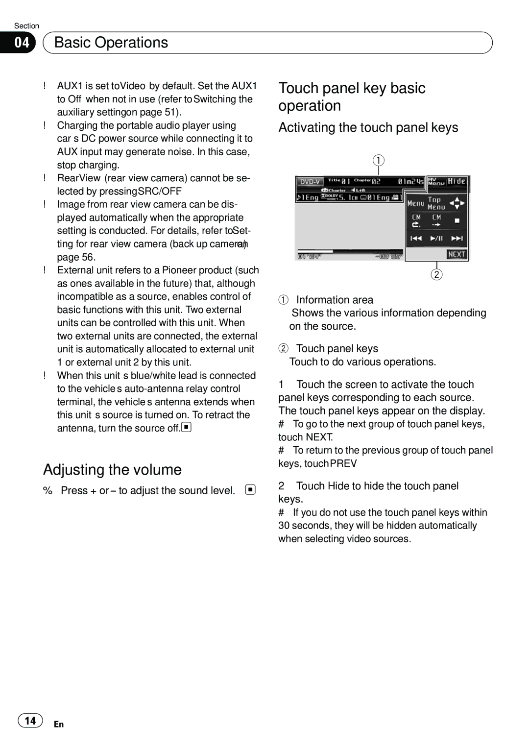 Pioneer AVH-P3100DVD manual Basic Operations, Touch panel key basic, Adjusting the volume, Activating the touch panel keys 