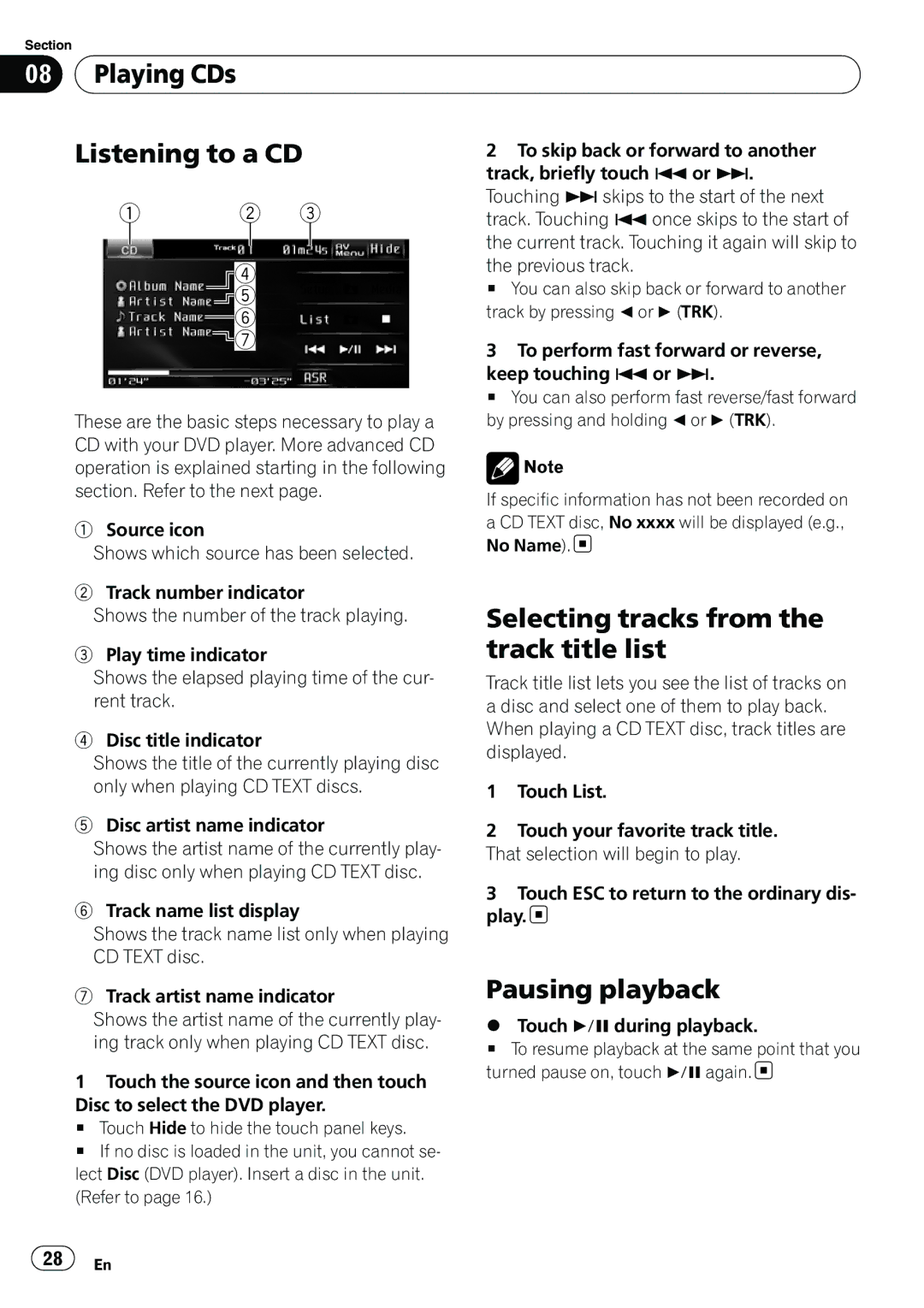 Pioneer AVH-P3100DVD manual Playing CDs Listening to a CD, Selecting tracks from, Track title list 