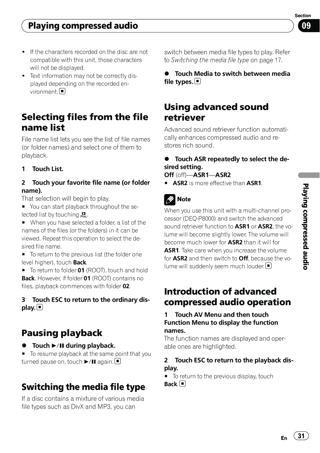 Pioneer AVH-P3100DVD manual Playing compressed audio, Selecting files from the file name list 