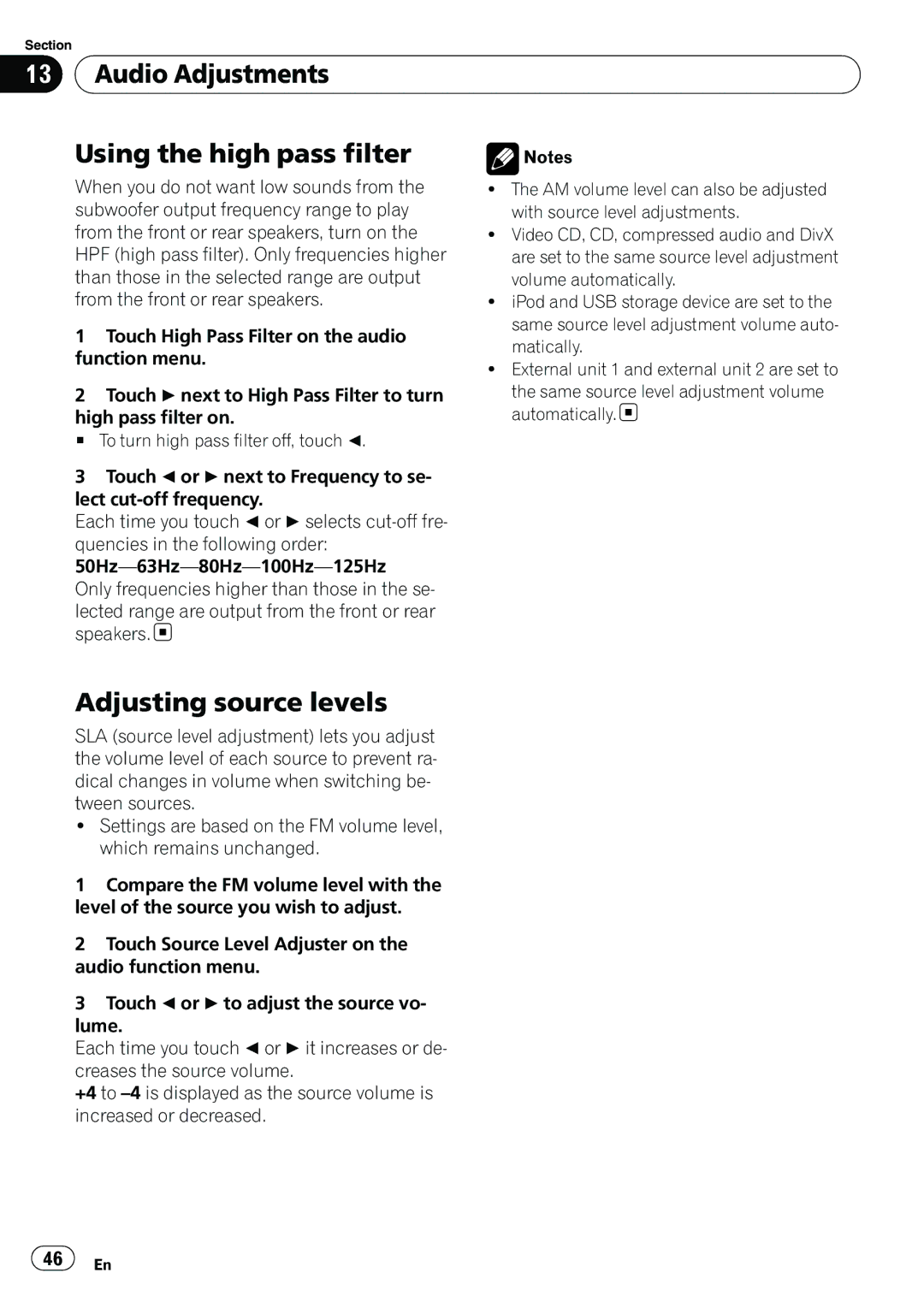 Pioneer AVH-P3100DVD manual Audio Adjustments Using the high pass filter, Adjusting source levels, Matically, Function menu 