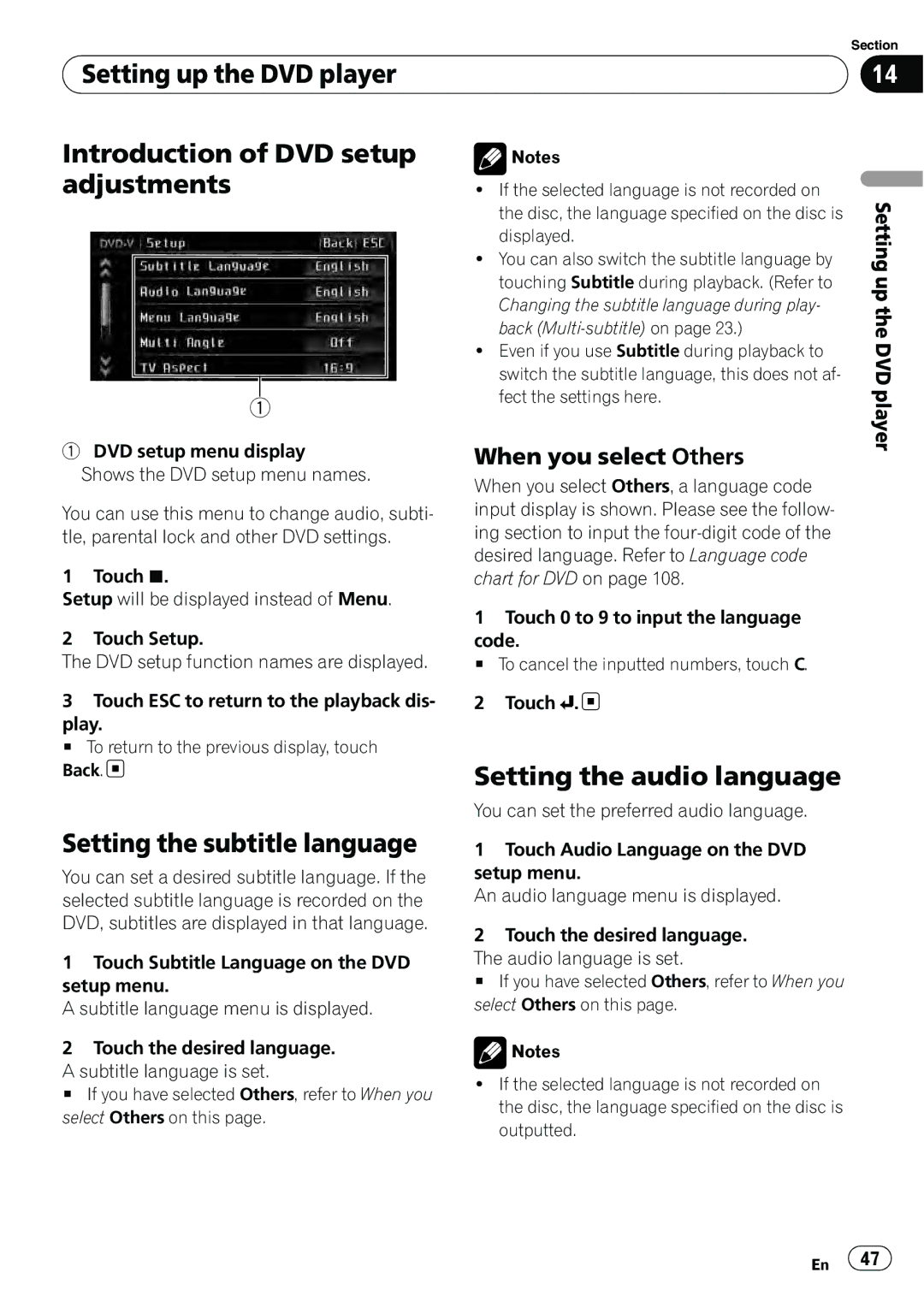 Pioneer AVH-P3100DVD manual Setting the subtitle language, Setting the audio language, When you select Others 